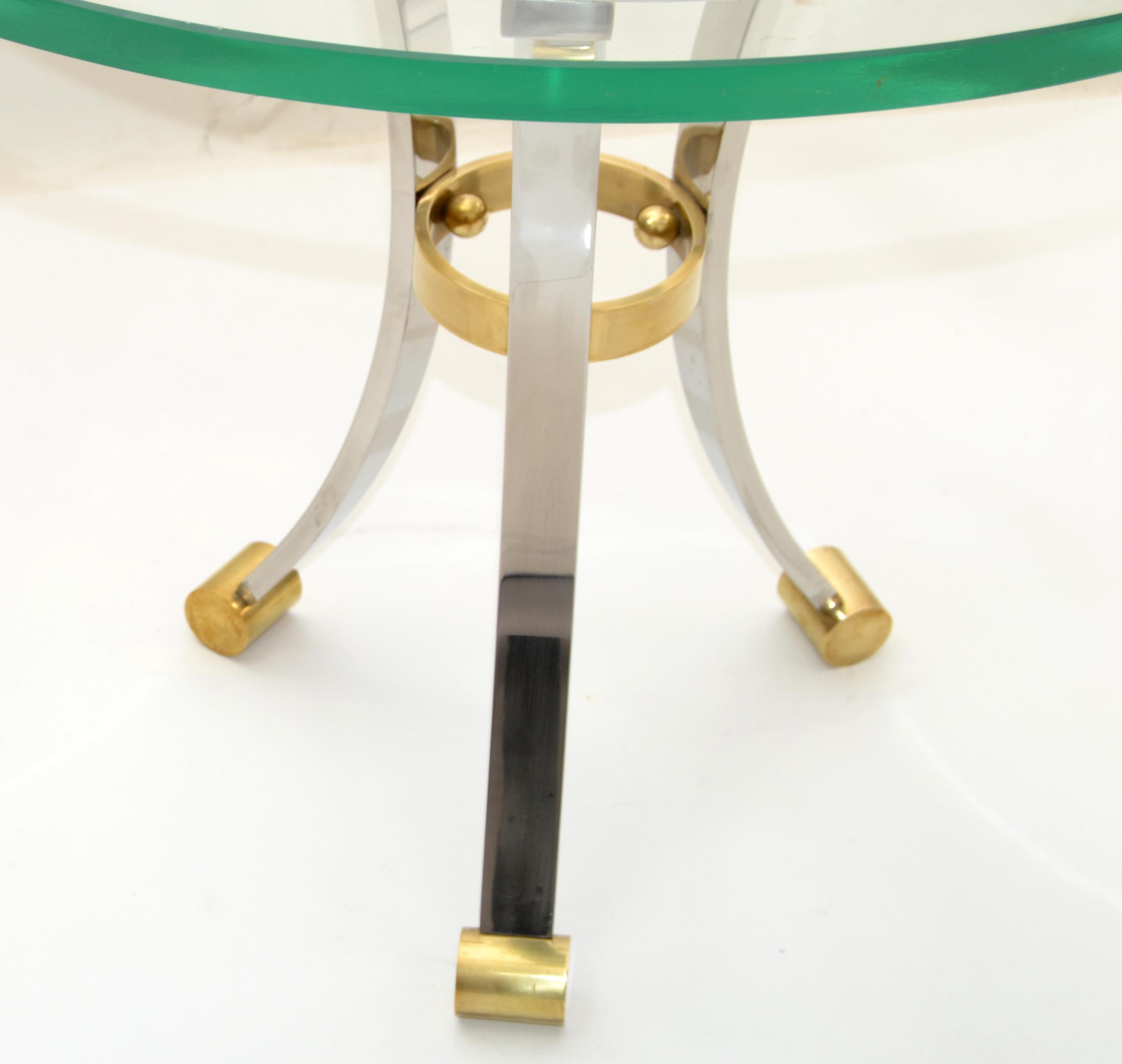 French Maison Jansen Round Glass, Brass & Steel Coffee Table Neoclassical, 1960s For Sale 9