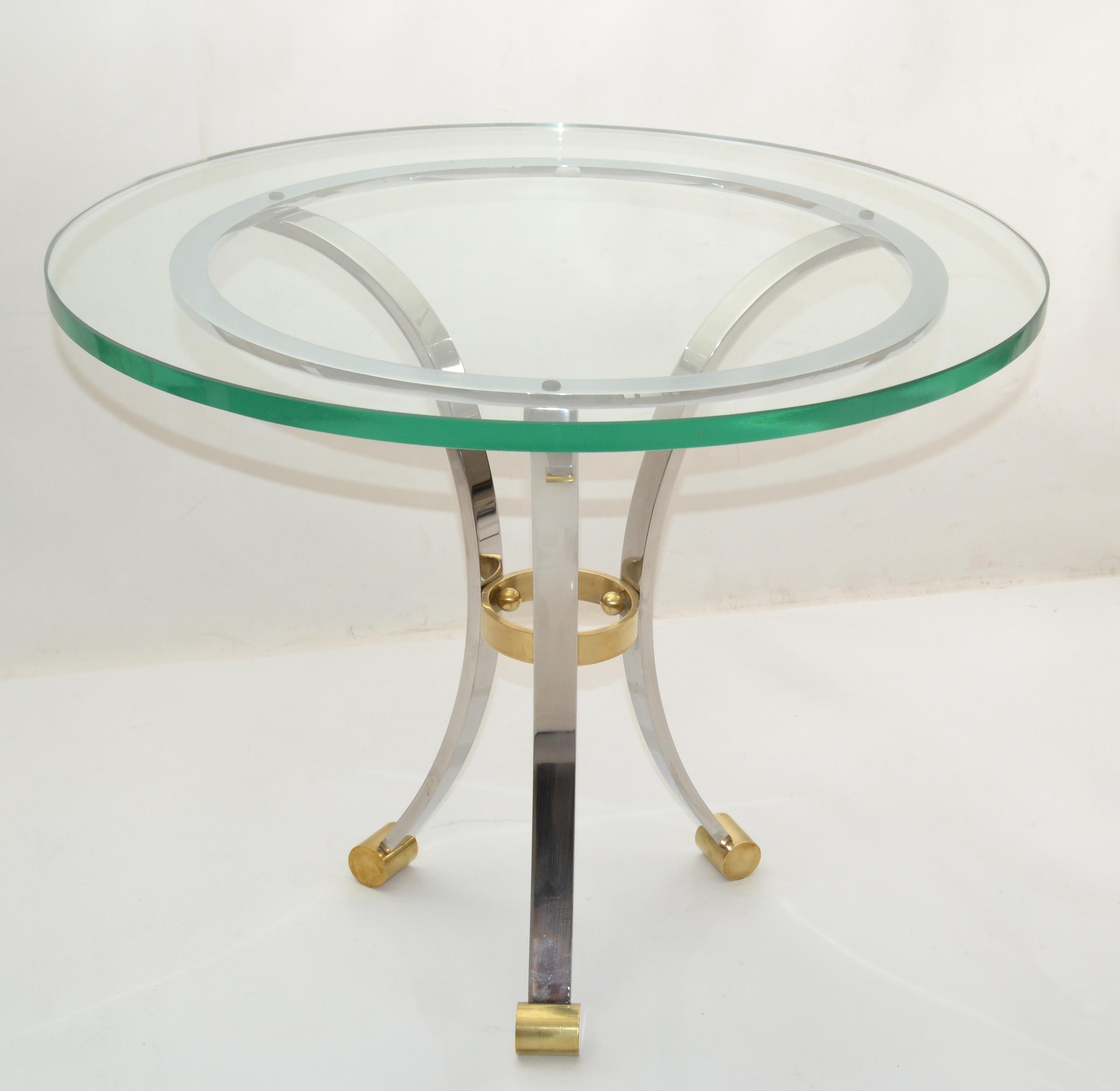 French Maison Jansen Round Glass, Brass & Steel Coffee Table Neoclassical, 1960s For Sale 11
