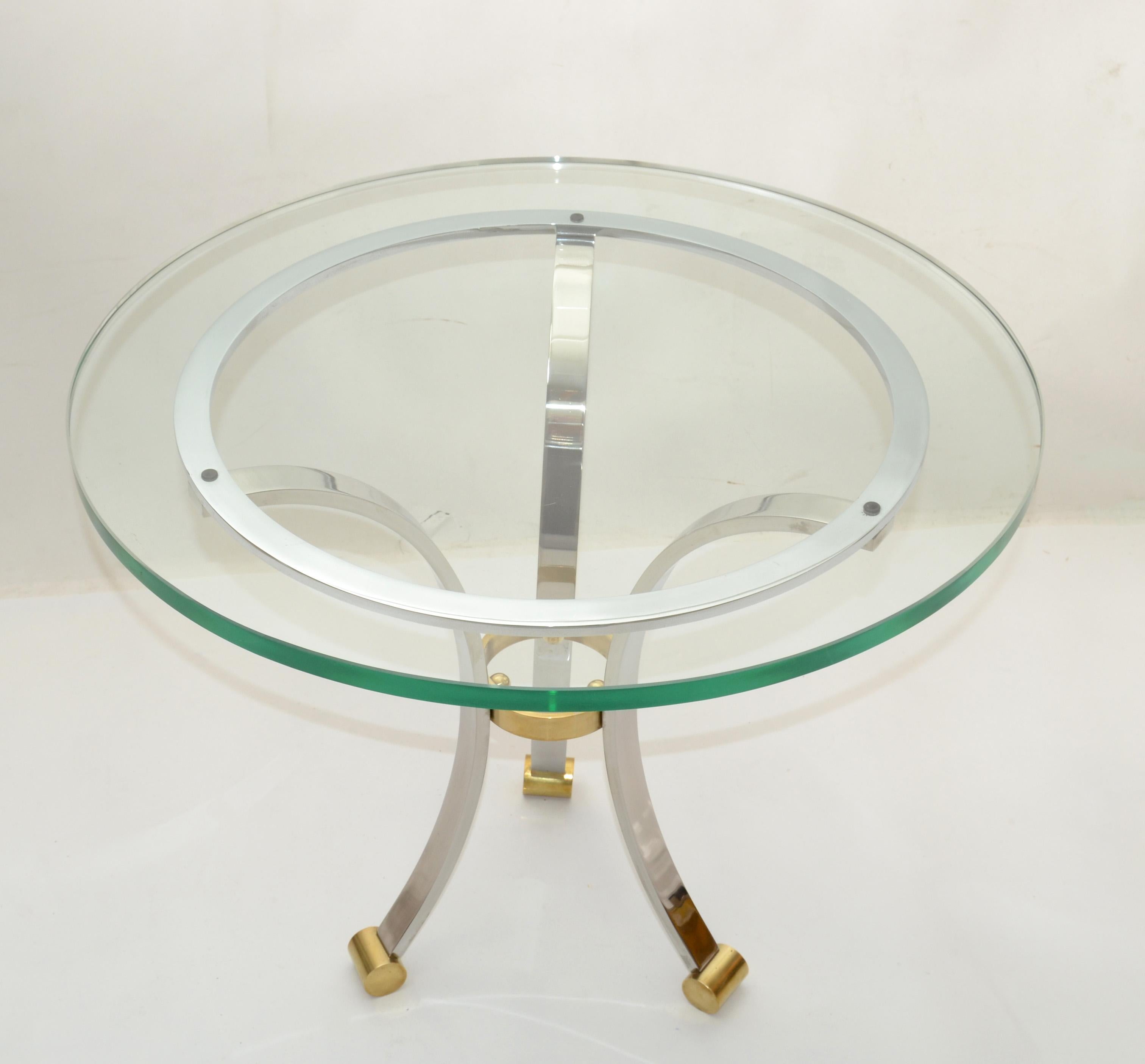 Beveled French Maison Jansen Round Glass, Brass & Steel Coffee Table Neoclassical, 1960s For Sale
