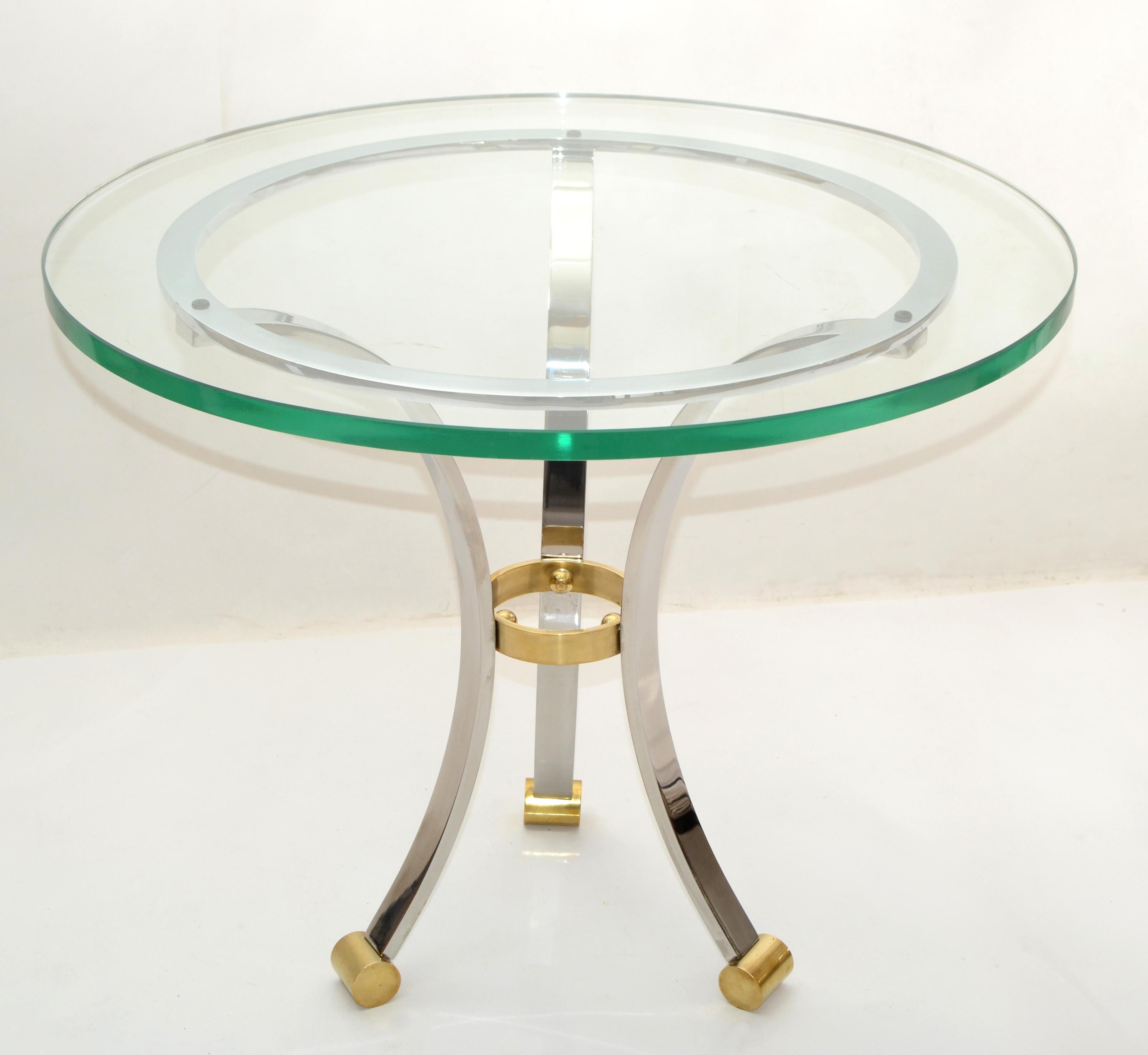 French Maison Jansen Round Glass, Brass & Steel Coffee Table Neoclassical, 1960s In Good Condition For Sale In Miami, FL