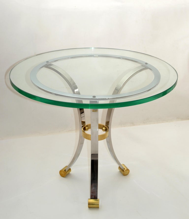 French Maison Jansen Round Glass, Brass and Steel Coffee Table