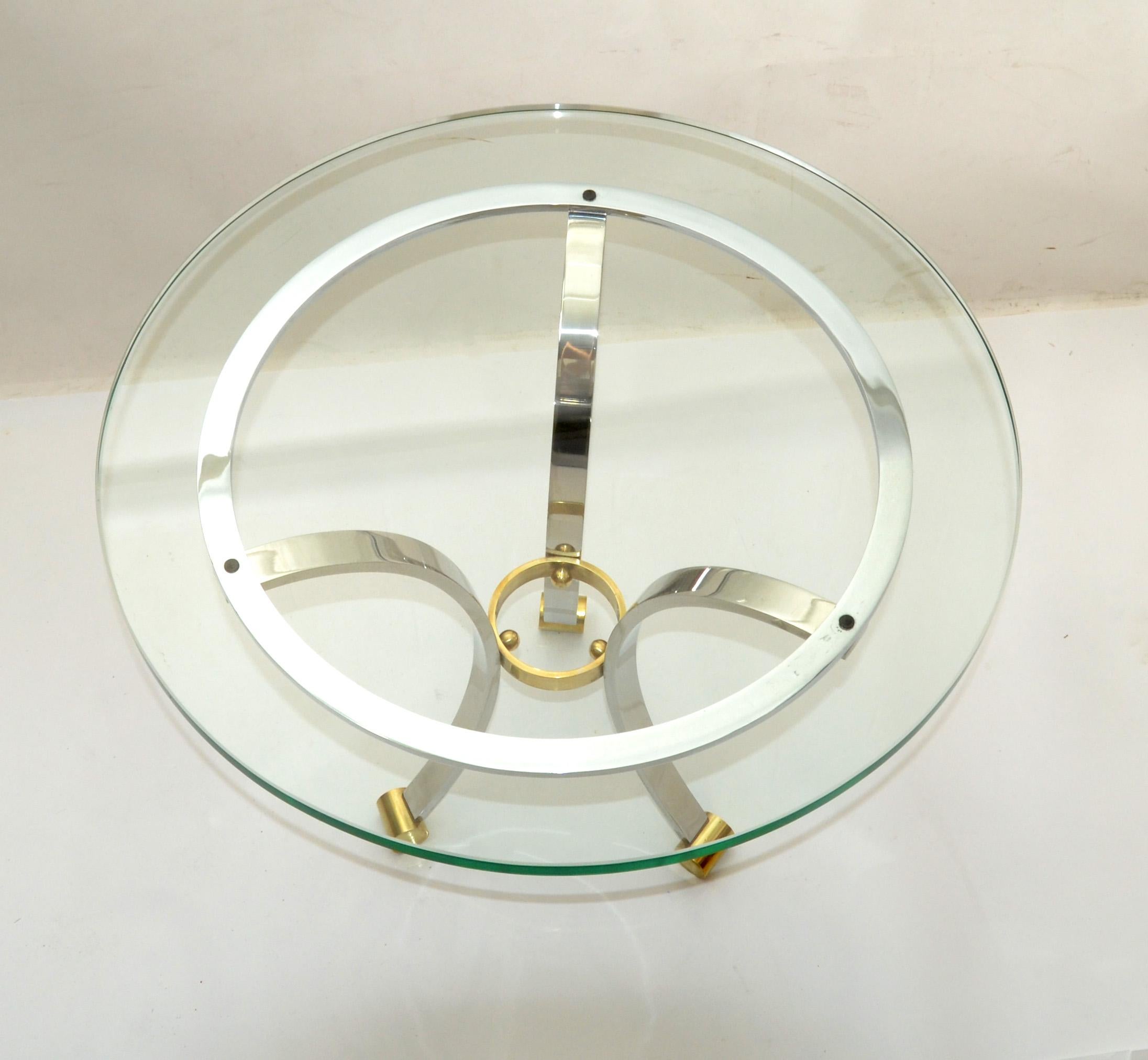 French Maison Jansen Round Glass, Brass & Steel Coffee Table Neoclassical, 1960s For Sale 1
