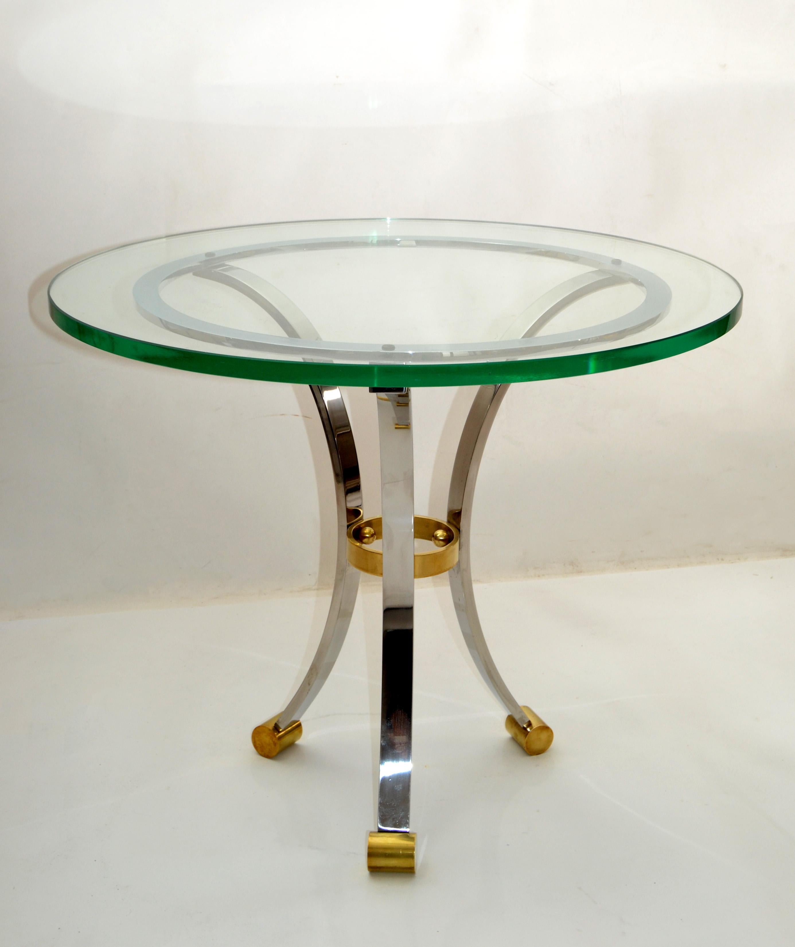 French Maison Jansen Round Glass, Brass & Steel Coffee Table Neoclassical, 1960s For Sale 2