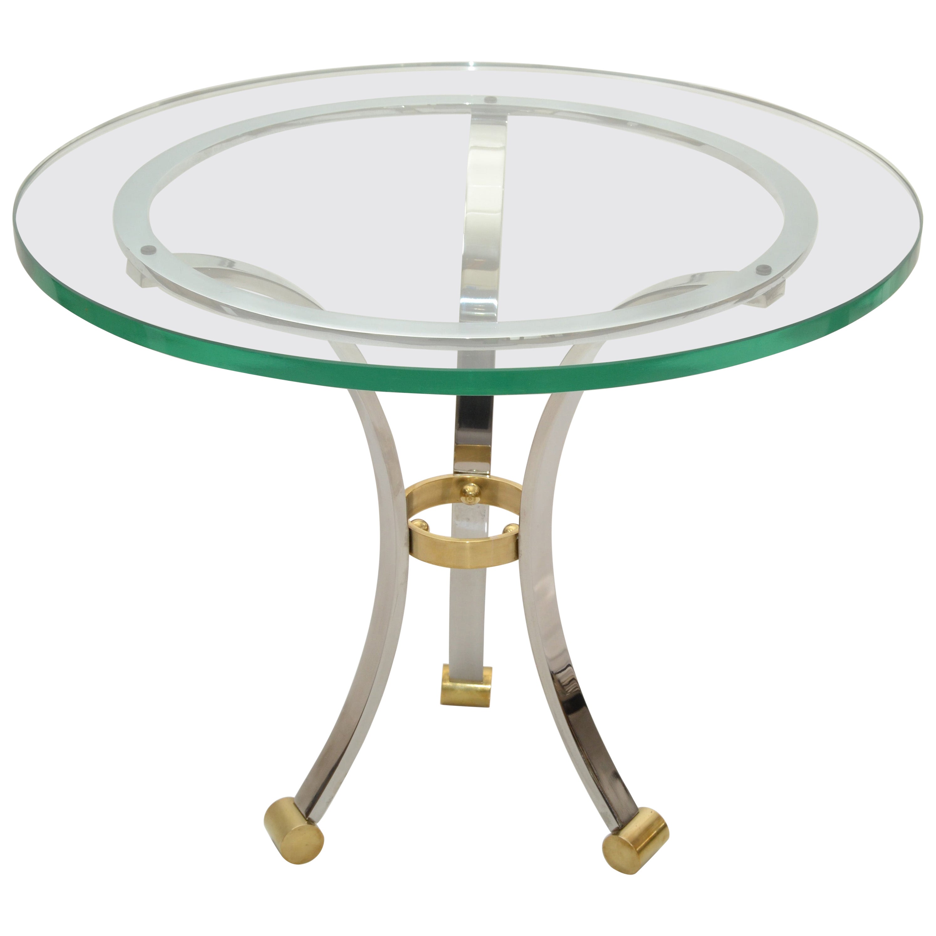 French Maison Jansen Round Glass, Brass & Steel Coffee Table Neoclassical