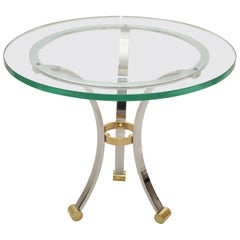 Französischer Couchtisch aus rundem Glas, Messing und Stahl, Maison Jansen, Neoklassisch
