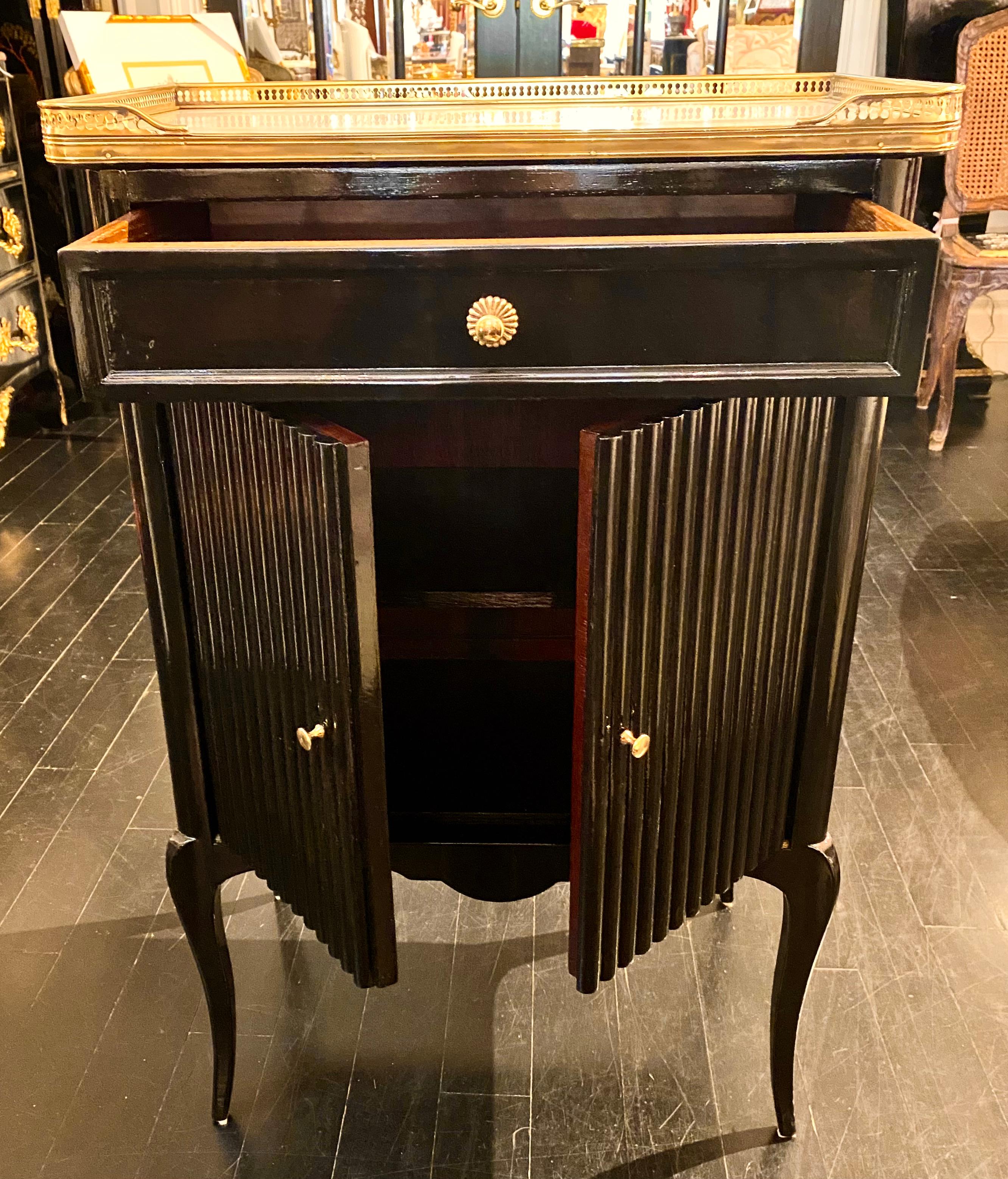 French Maison Jansen Style, Black-Lacquered Cabinet, Louis XVI Style, Marble Top 11