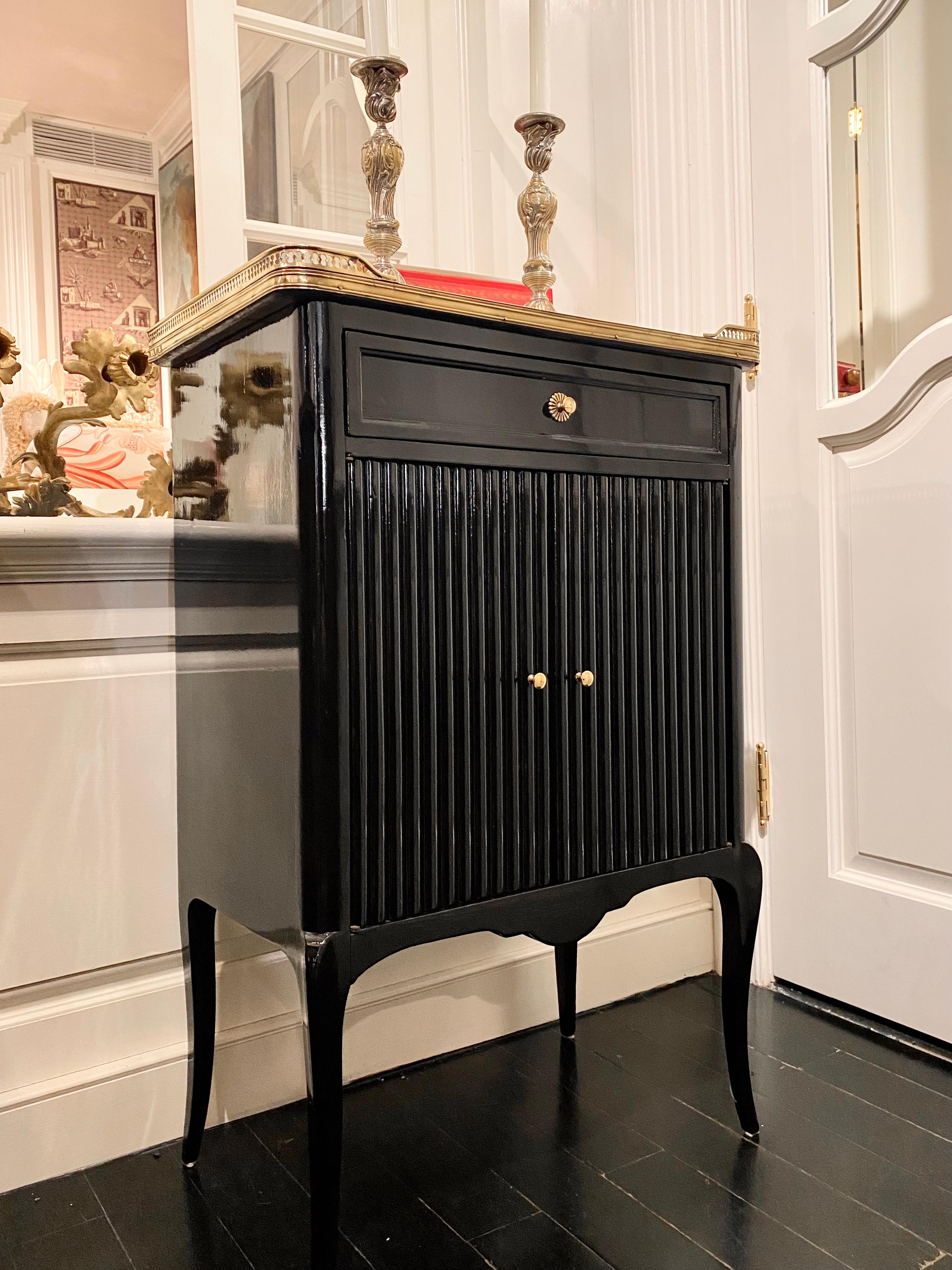 French Maison Jansen Style, Black-Lacquered Cabinet, Louis XVI Style, Marble Top 14