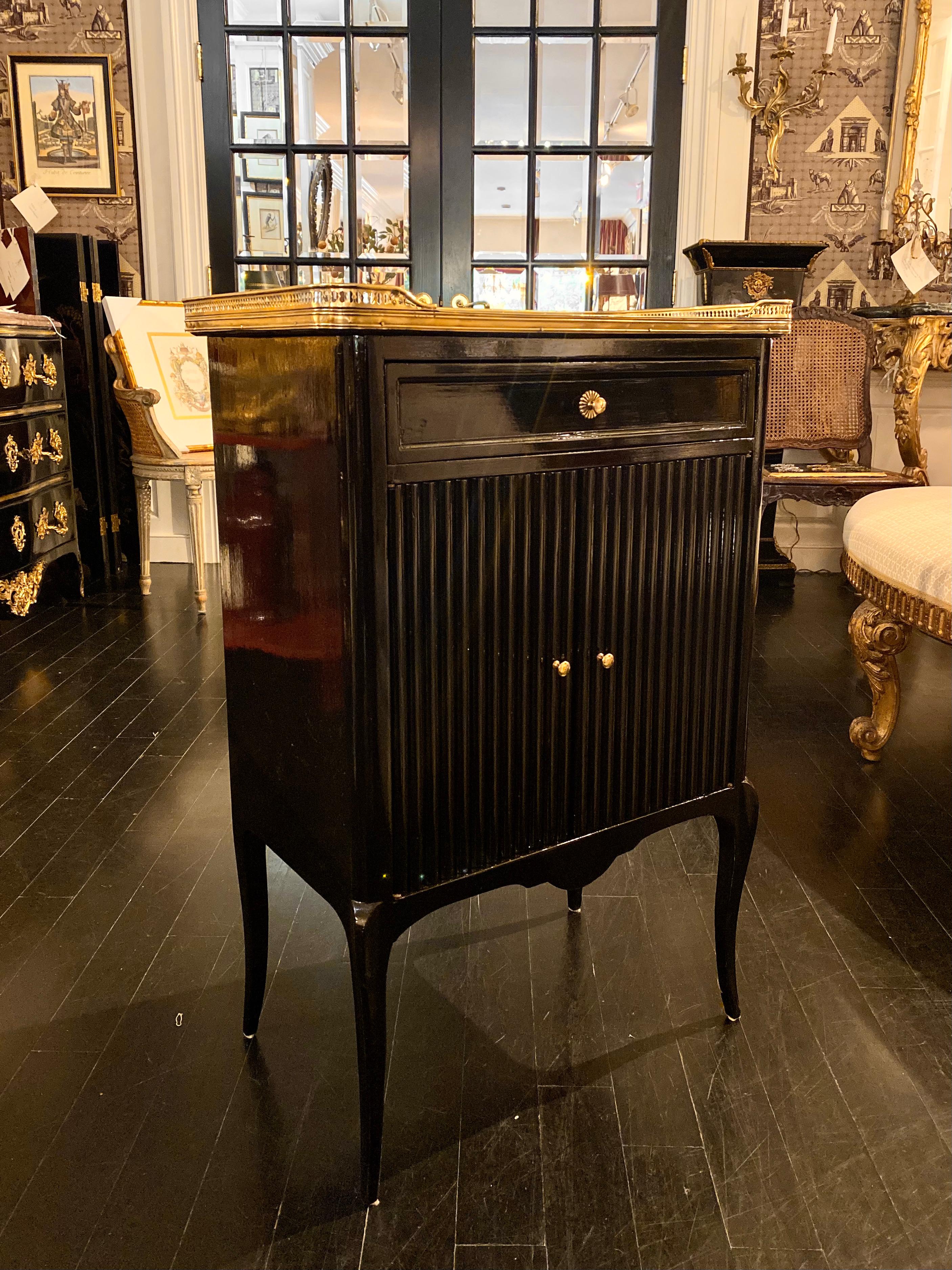 Ebonized French Maison Jansen Style, Black-Lacquered Cabinet, Louis XVI Style, Marble Top