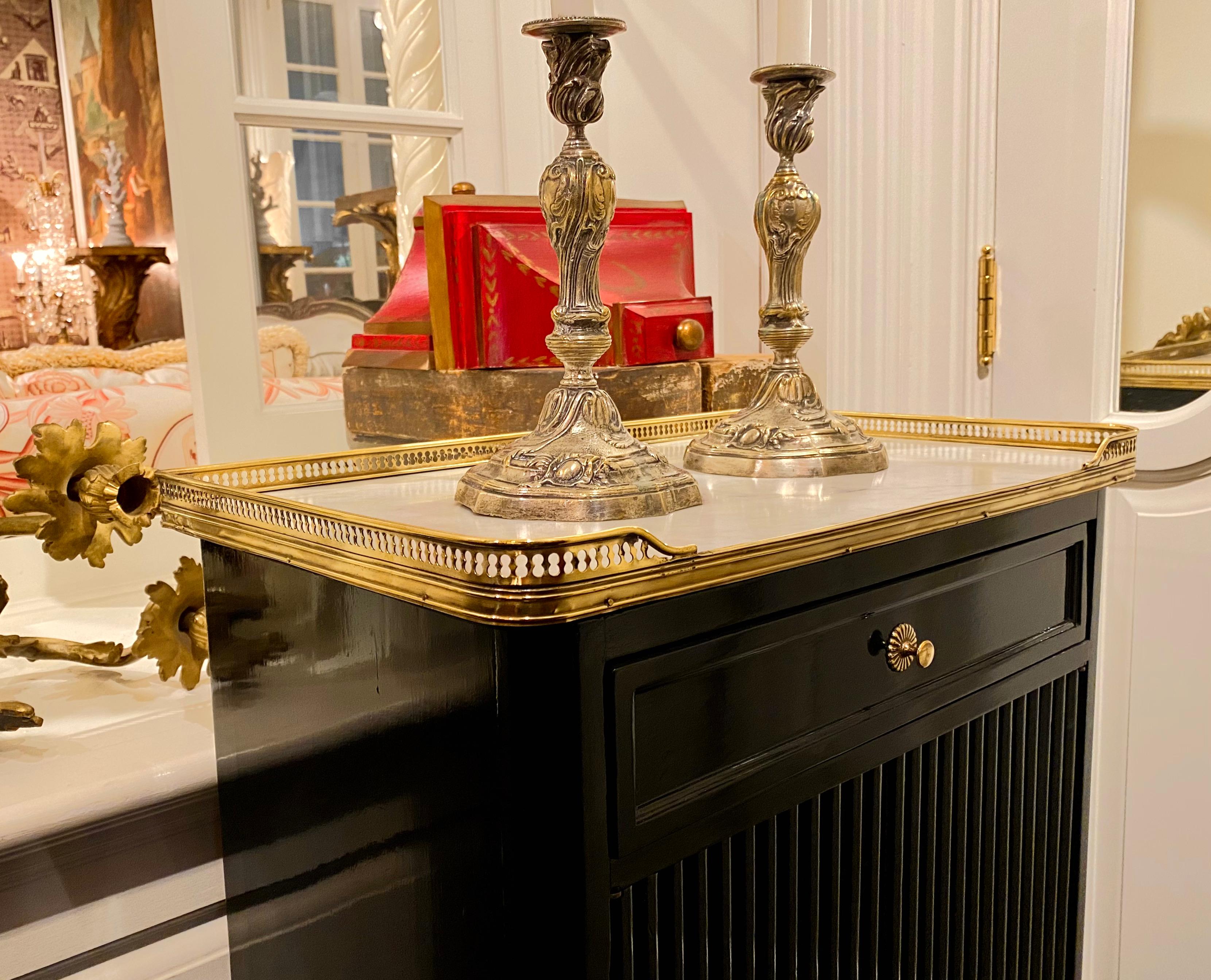 French Maison Jansen Style, Black-Lacquered Cabinet, Louis XVI Style, Marble Top 1