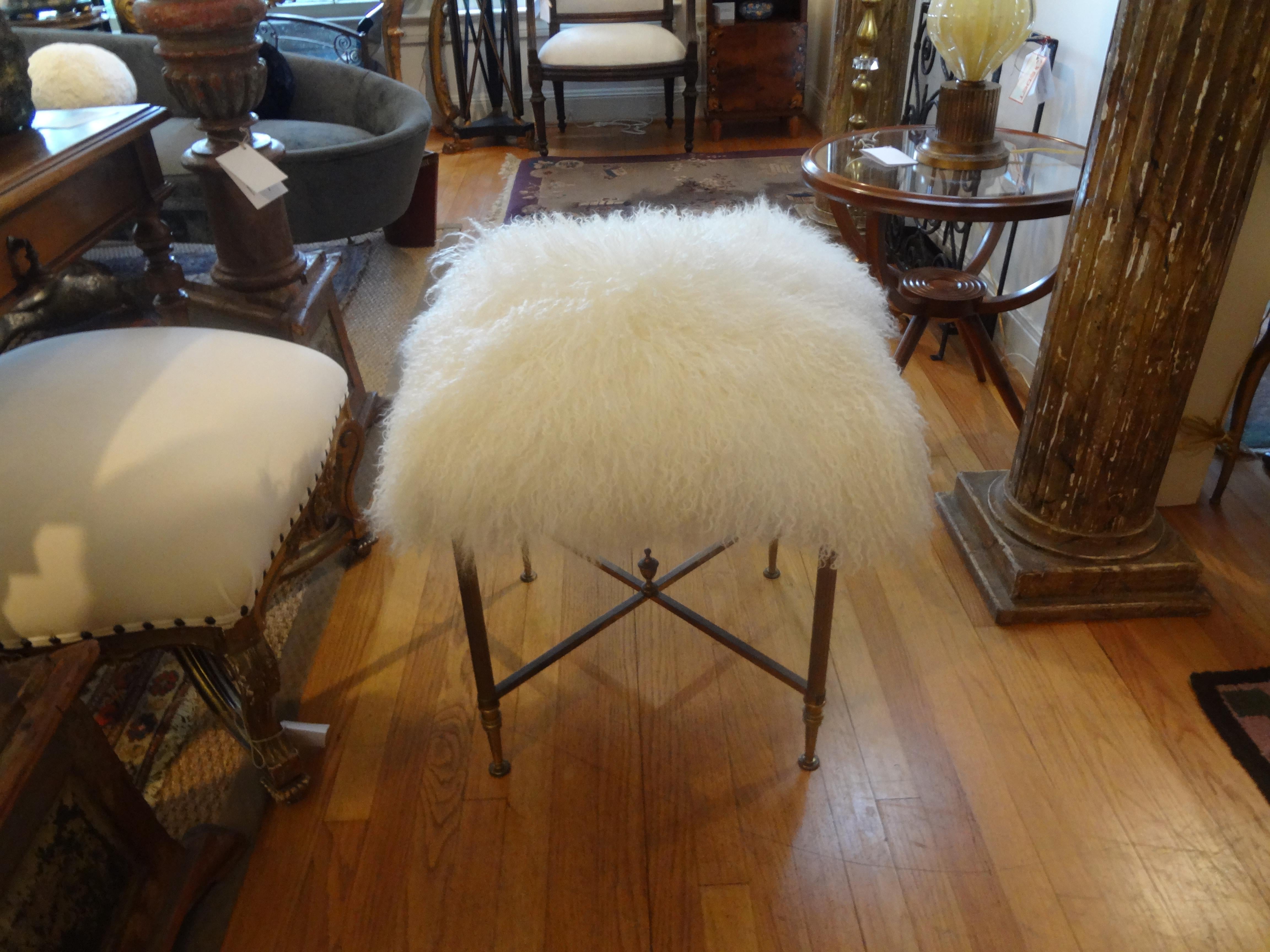 French Maison Jansen Style Brass Bench Upholstered in White Curly Lambs Wool 3