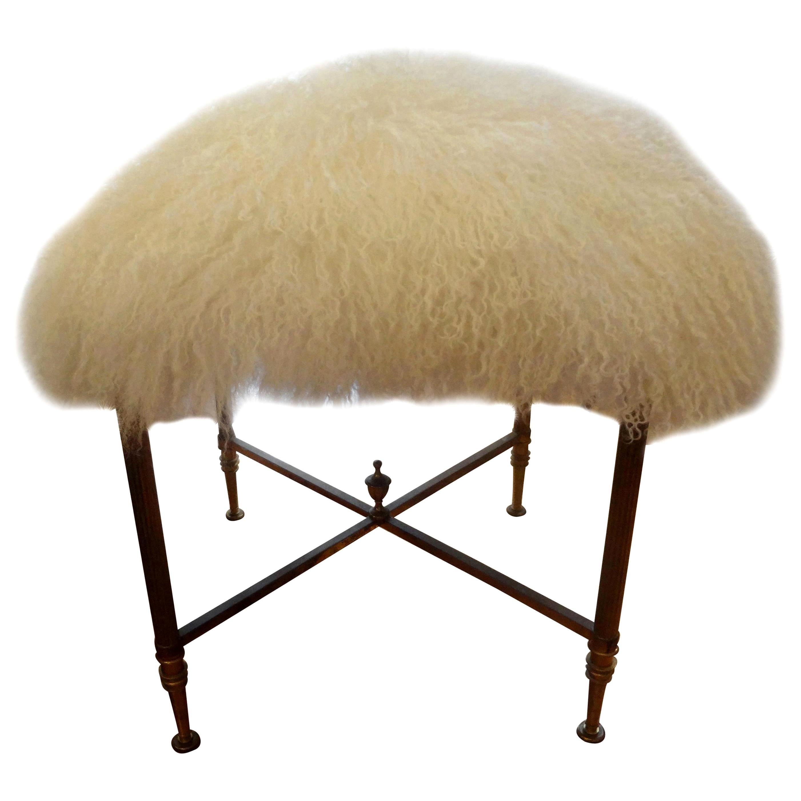 French Maison Jansen Style Brass Bench Upholstered in White Curly Lambs Wool