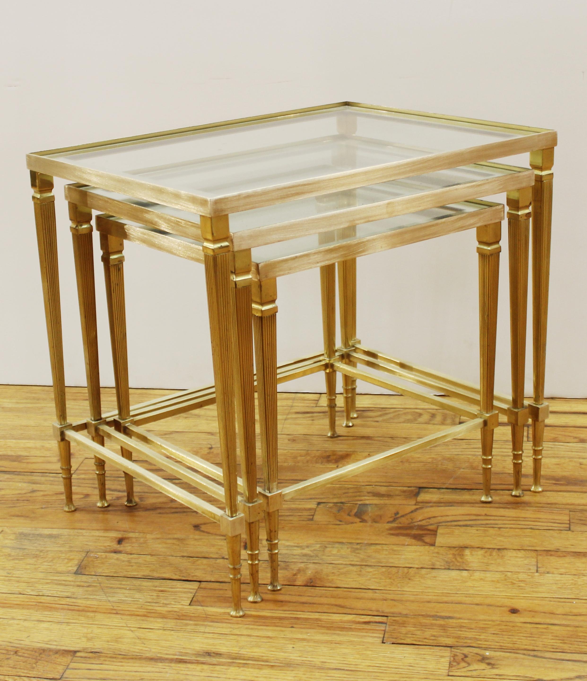 Neoclassical Revival French Maison Jansen Style Brass and Glass Top Nesting Tables