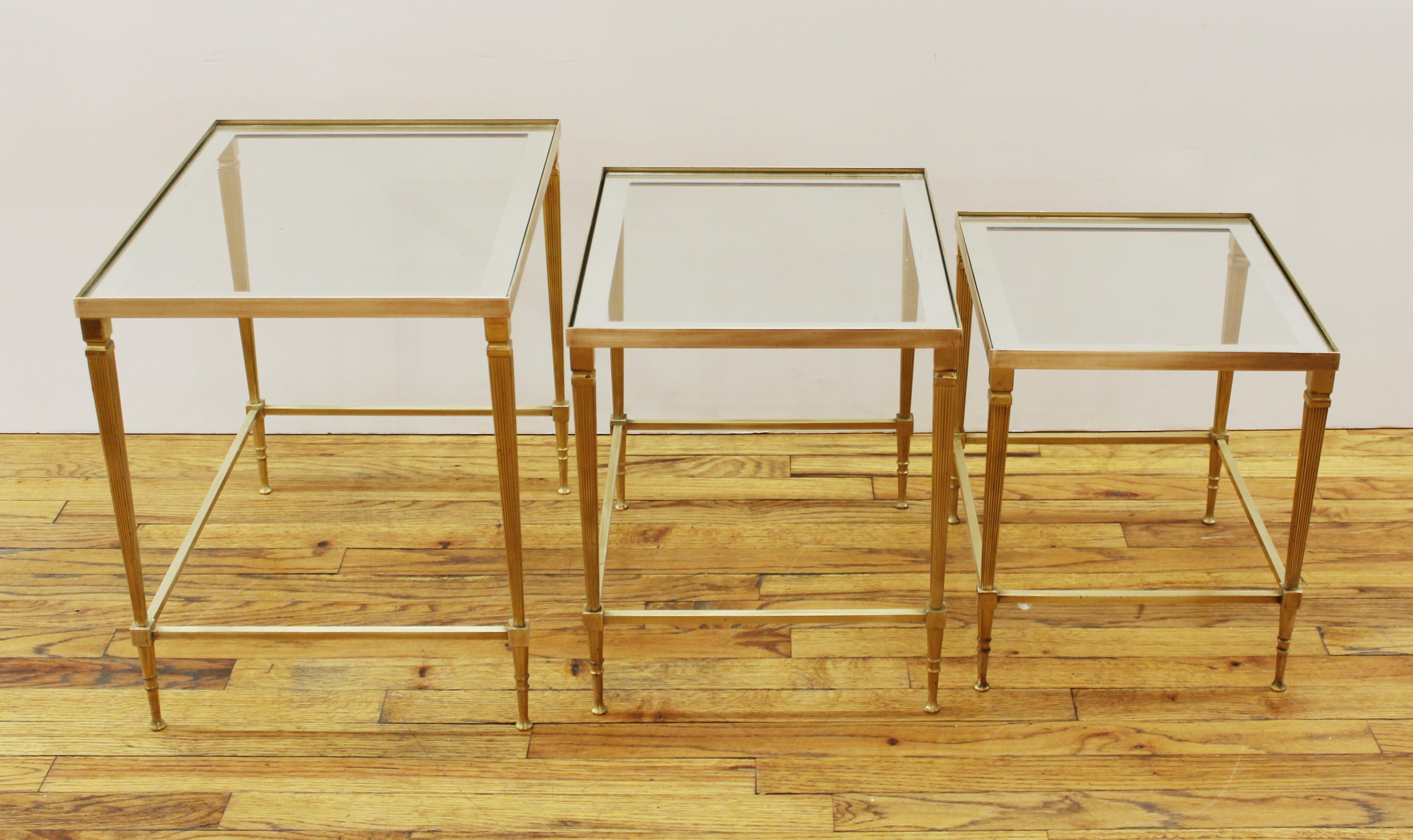 French Maison Jansen Style Brass and Glass Top Nesting Tables In Good Condition In New York, NY