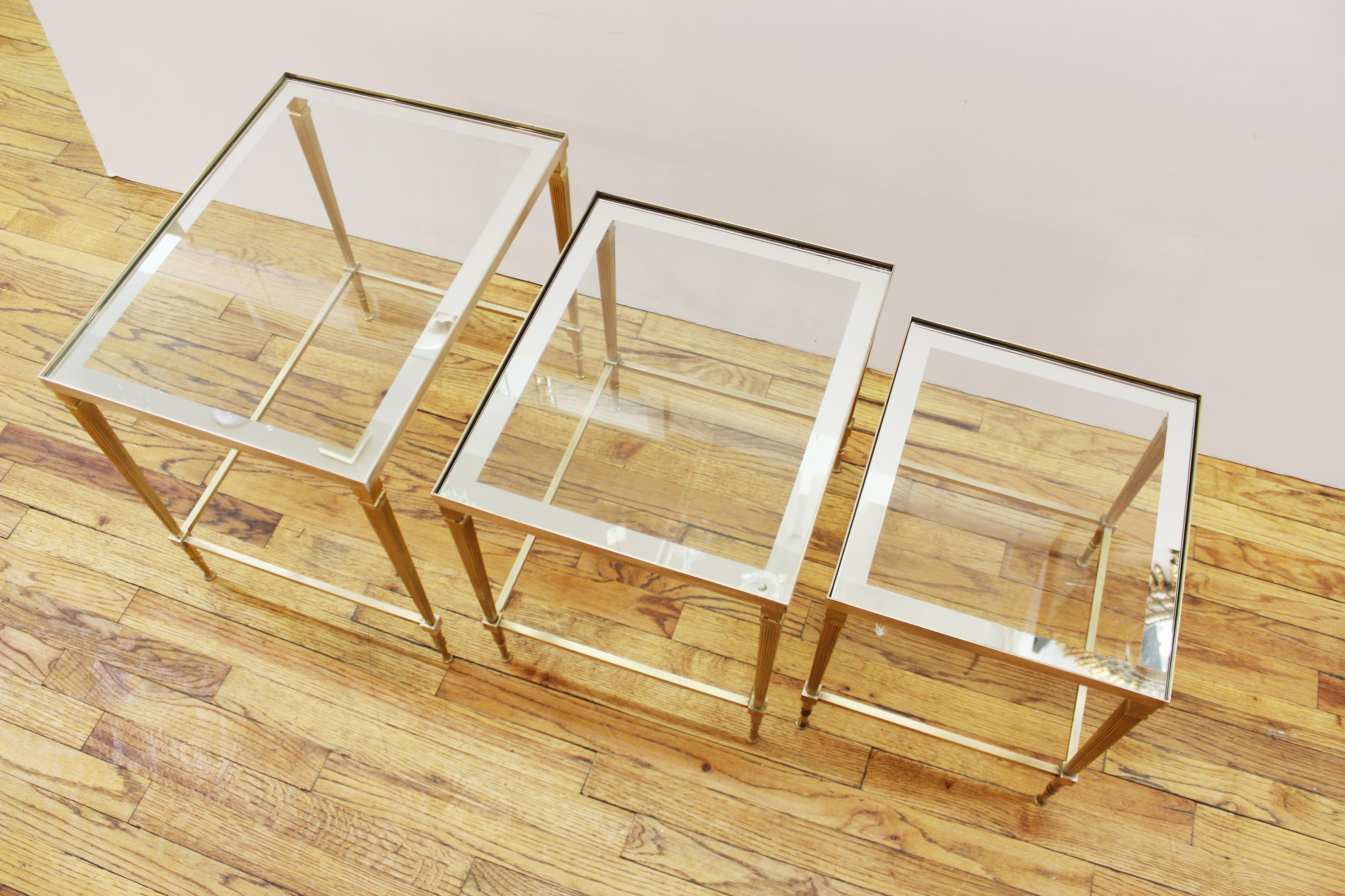 20th Century French Maison Jansen Style Brass and Glass Top Nesting Tables