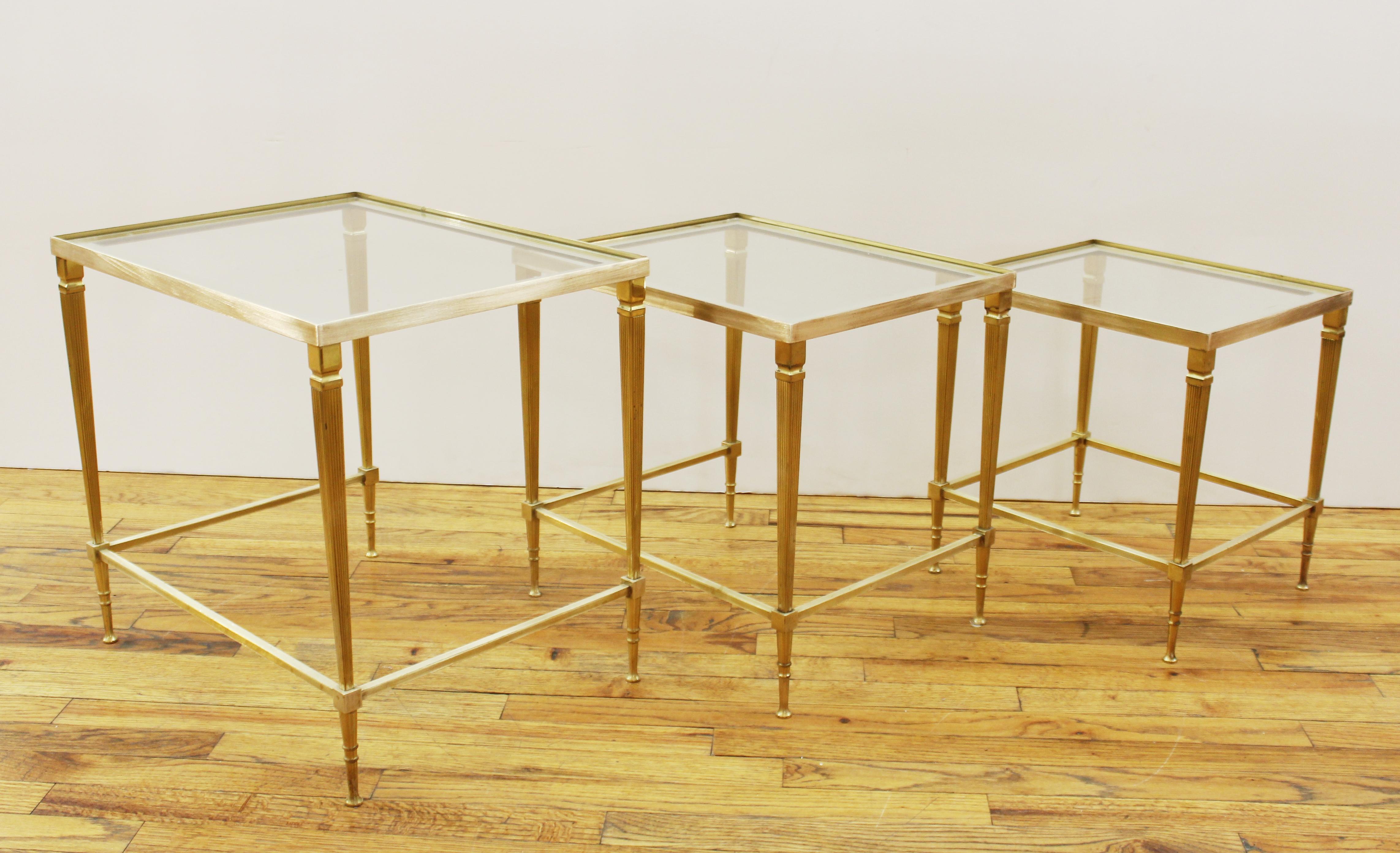 French Maison Jansen Style Brass and Glass Top Nesting Tables 1