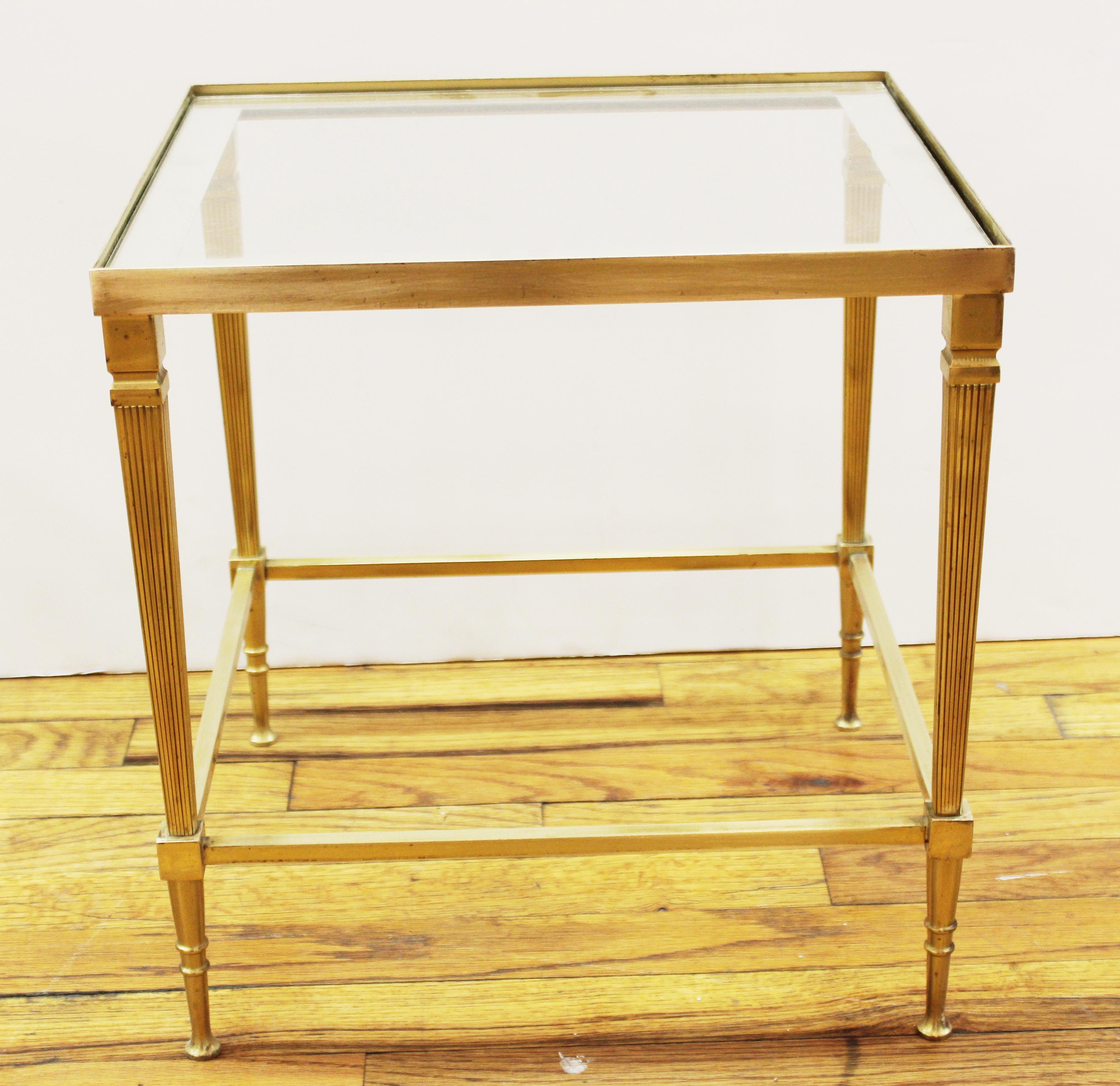 French Maison Jansen Style Brass and Glass Top Nesting Tables 3