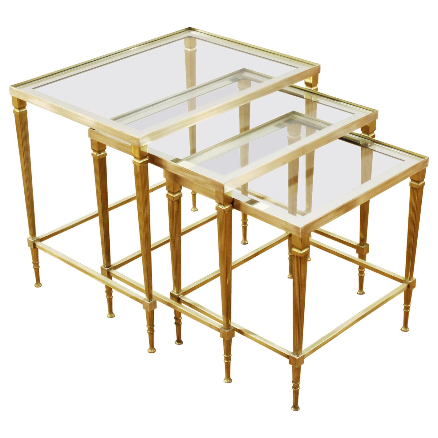 French Maison Jansen Style Brass and Glass Top Nesting Tables