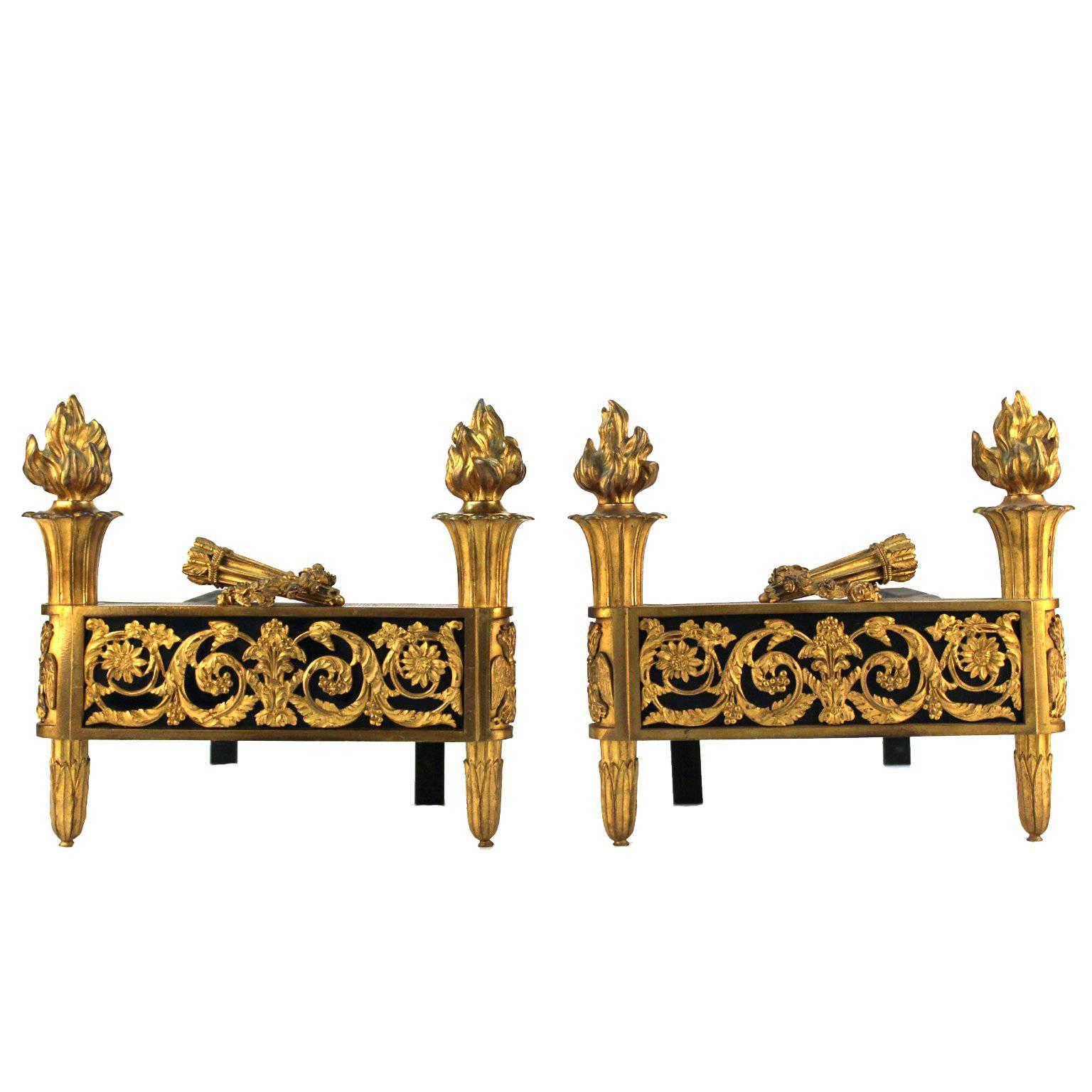 French Maison Jansen Style Directoire Andirons in Gilded Bronze