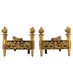 French Maison Jansen Style Directoire Andirons in Gilded Bronze