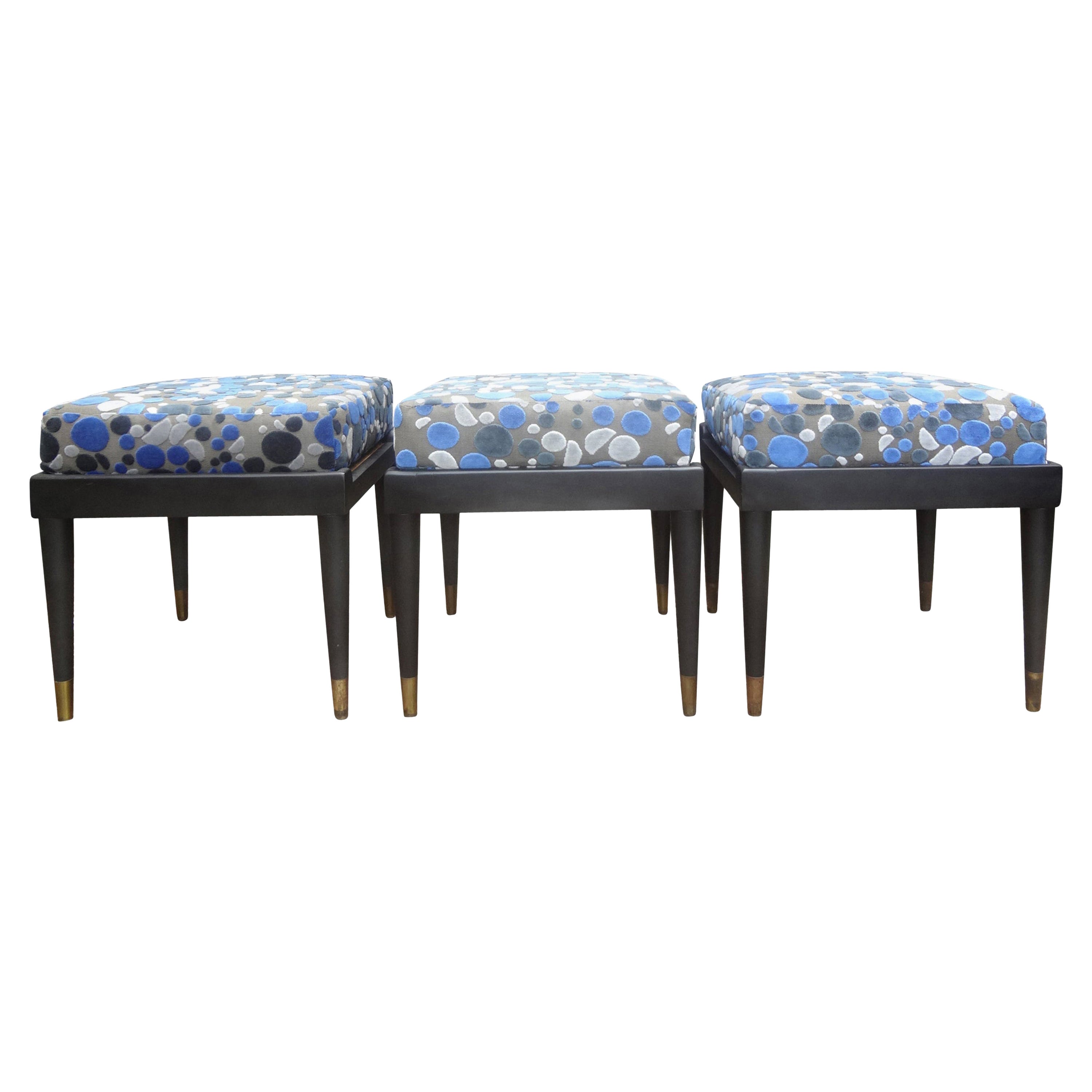 French Maison Jansen Style Ebonized Ottomans, Set of 3