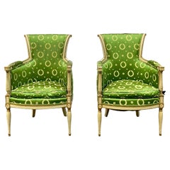 French Maison Jansen Style Parcel Gilt Painted Silk Bergere Chairs - Pair 
