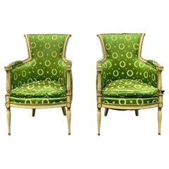 French Maison Jansen Style Parcel Gilt Painted Silk Bergere Chairs - Pair