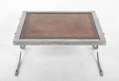 French Maison Jansen Style Polished Steel, Brass and Leather Coffee Table