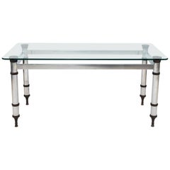 French Maison Jansen Style Steel and Bronze Table with Glass Top