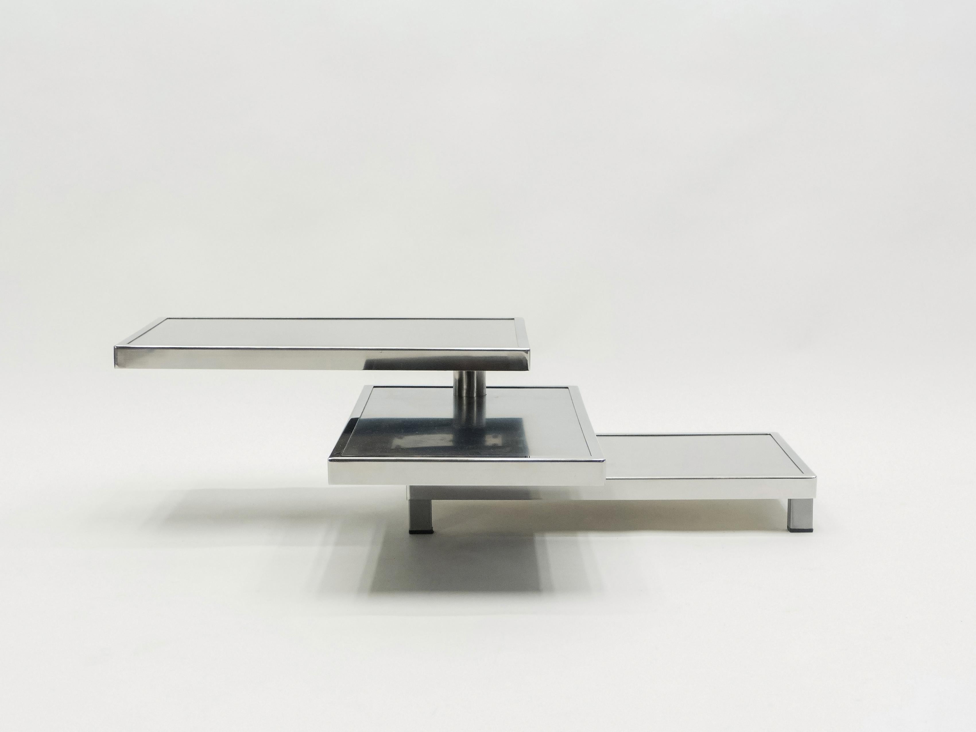 French Maison Mercier Three-Tier Chrome Steel Swivel Coffee Table, 1970s 6