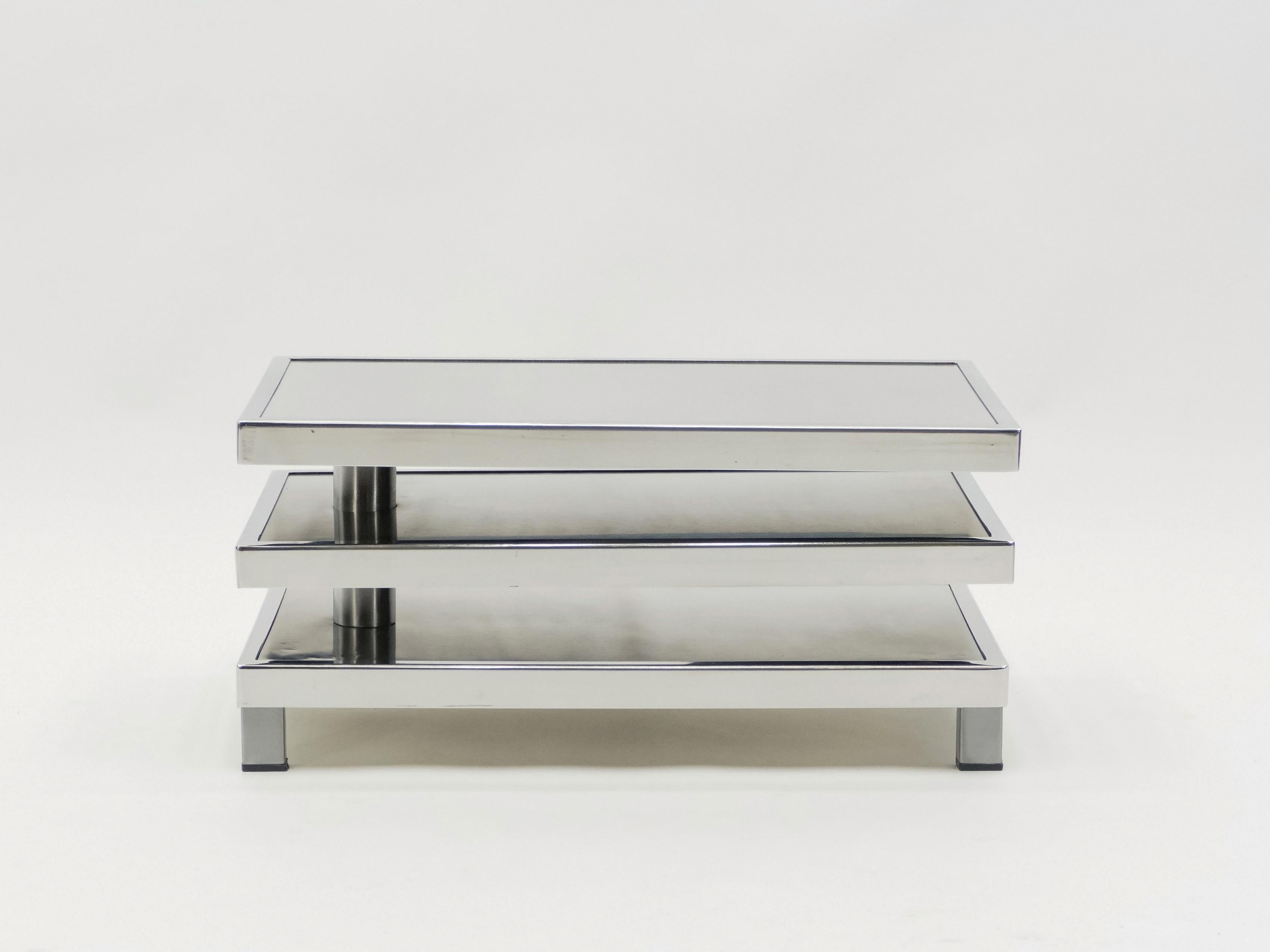 French Maison Mercier Three-Tier Chrome Steel Swivel Coffee Table, 1970s 1