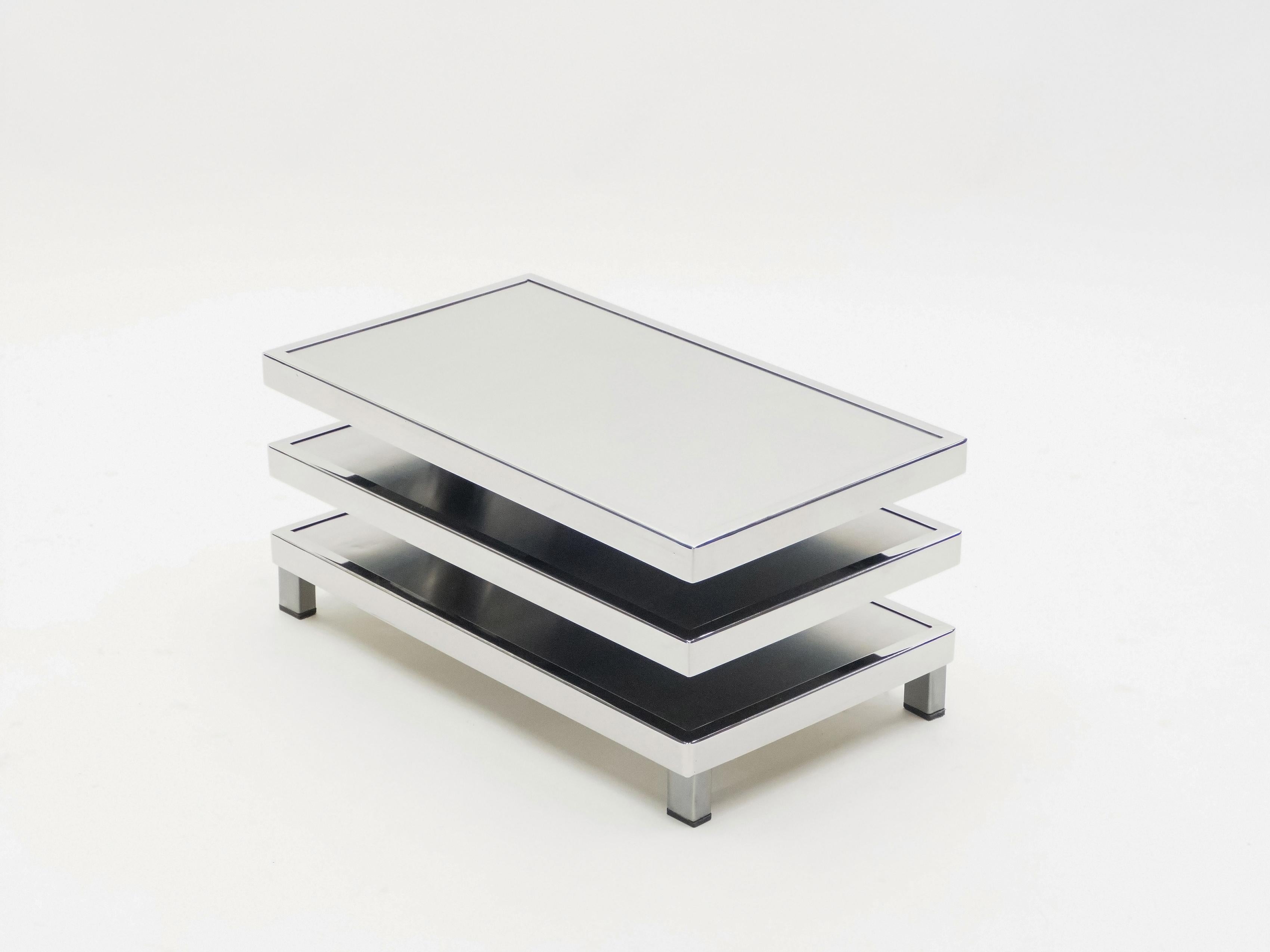 French Maison Mercier Three-Tier Chrome Steel Swivel Coffee Table, 1970s 2