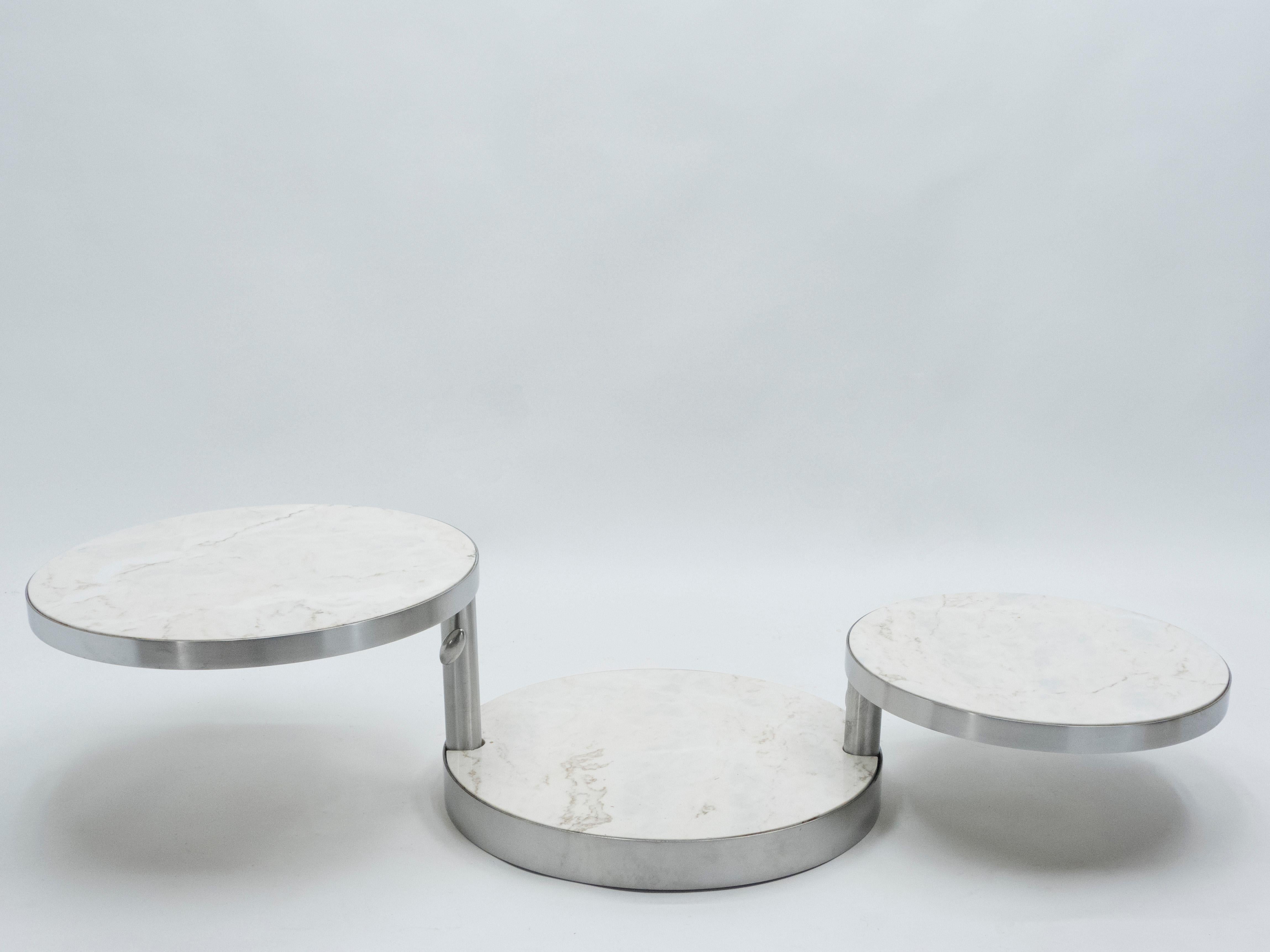 Late 20th Century French Maison Mercier Three-Tier Marble Swivel Coffee Table, 1970s