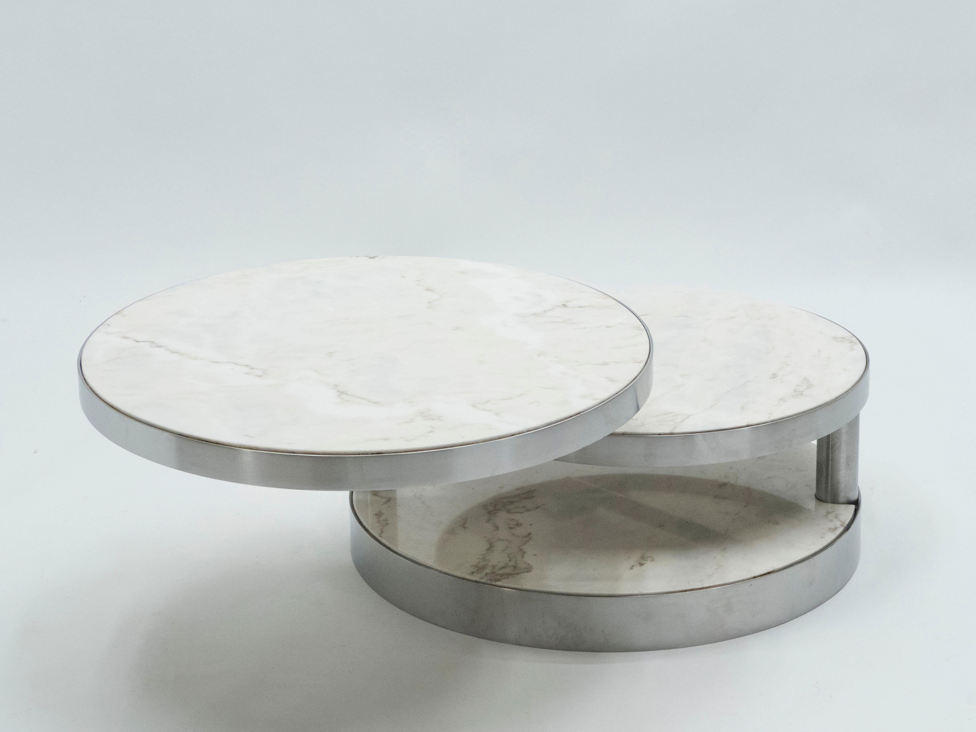 French Maison Mercier Three-Tier Marble Swivel Coffee Table, 1970s 1