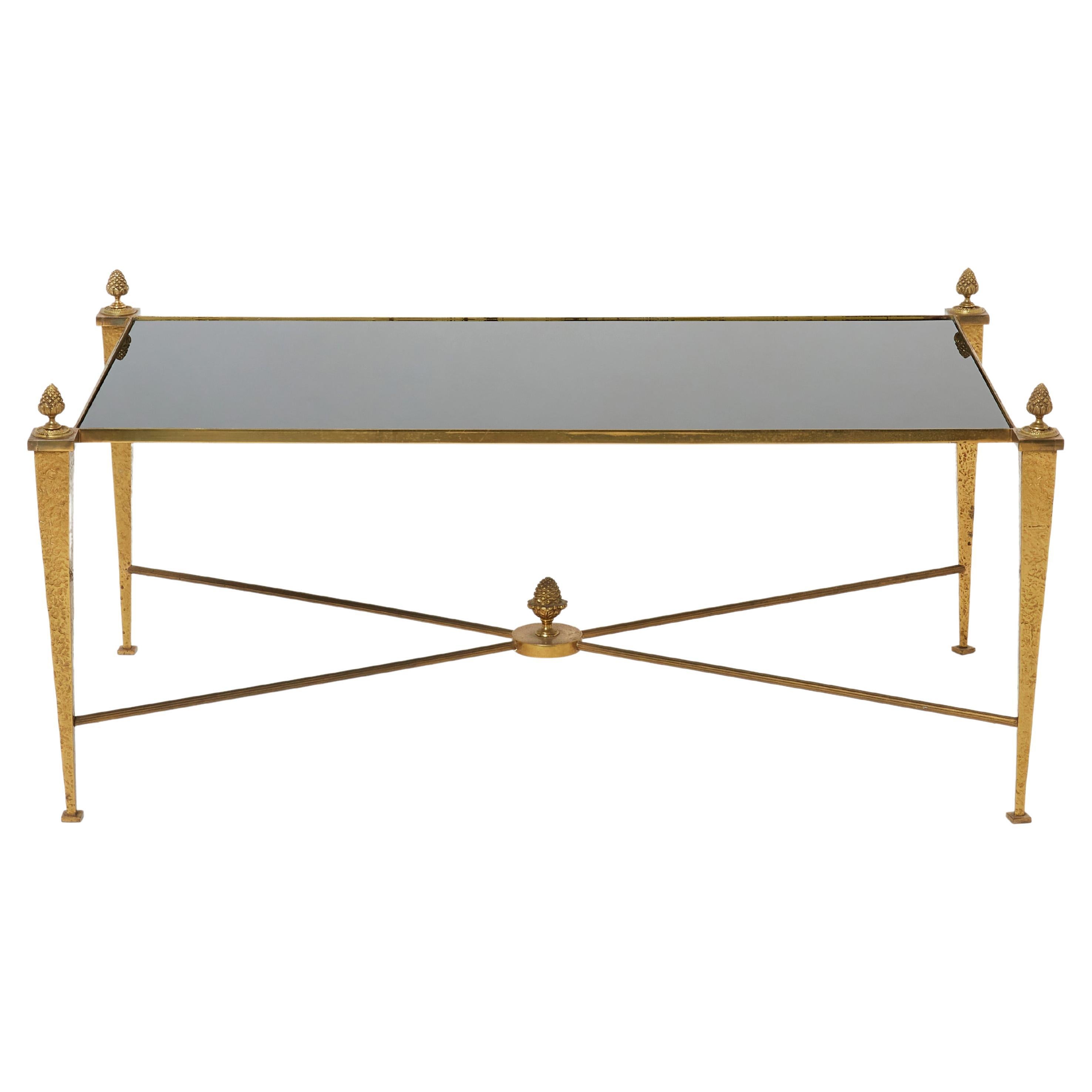 French Maison Ramsay Gilded Wrought Iron Opaline Coffee Table, 1960s For Sale