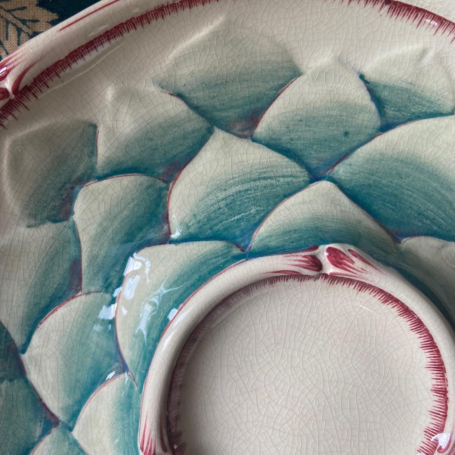 Early 20th Century French Majolica Artichoke Plate Sarreguemines, circa 1900 For Sale