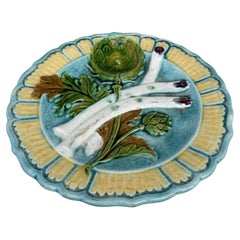 French Majolica Asparagus & Artichoke Plate Salins, circa 1890