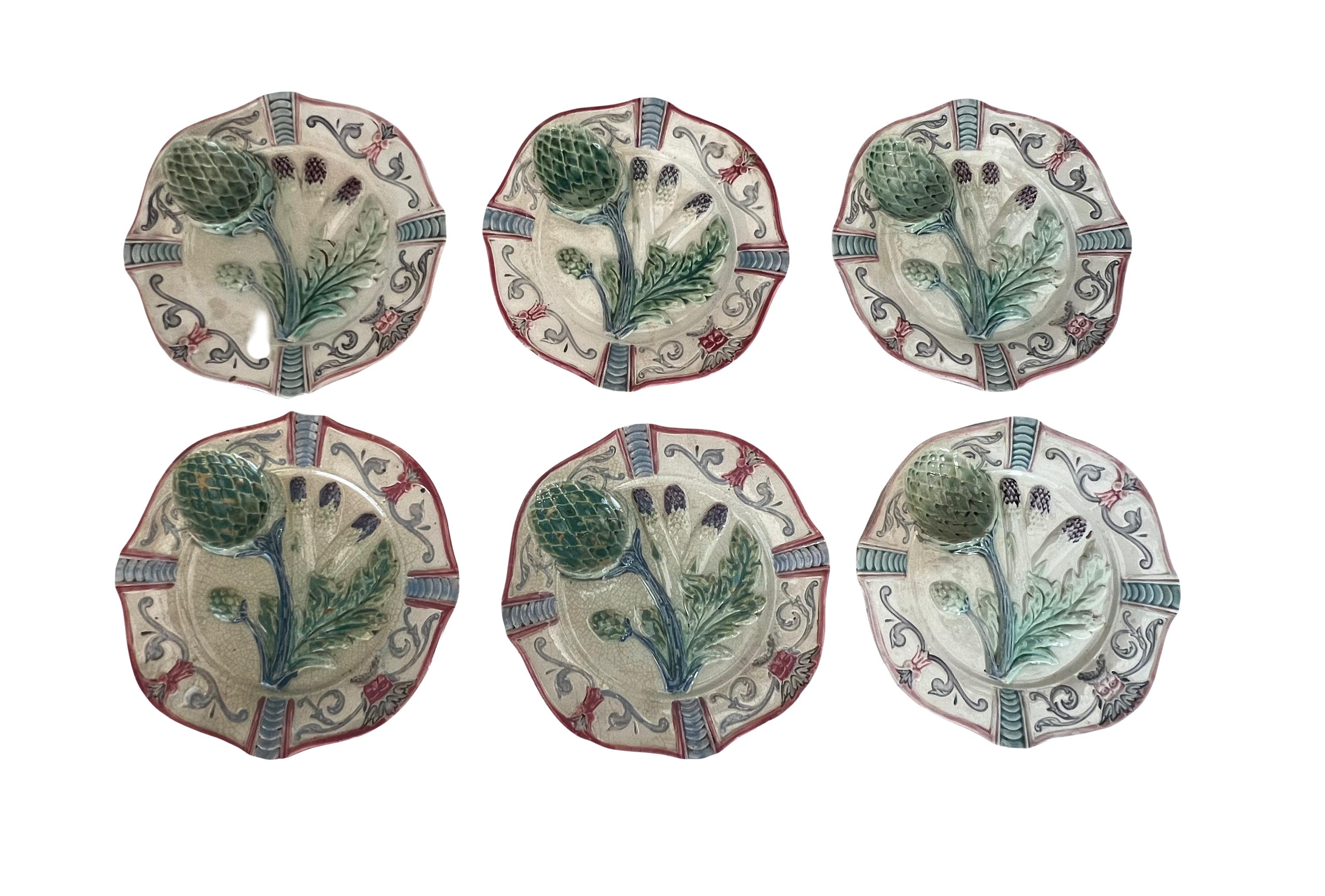 Art Nouveau French majolica Asparagus artichoke platter and 6 plates Fives Lille 19th For Sale