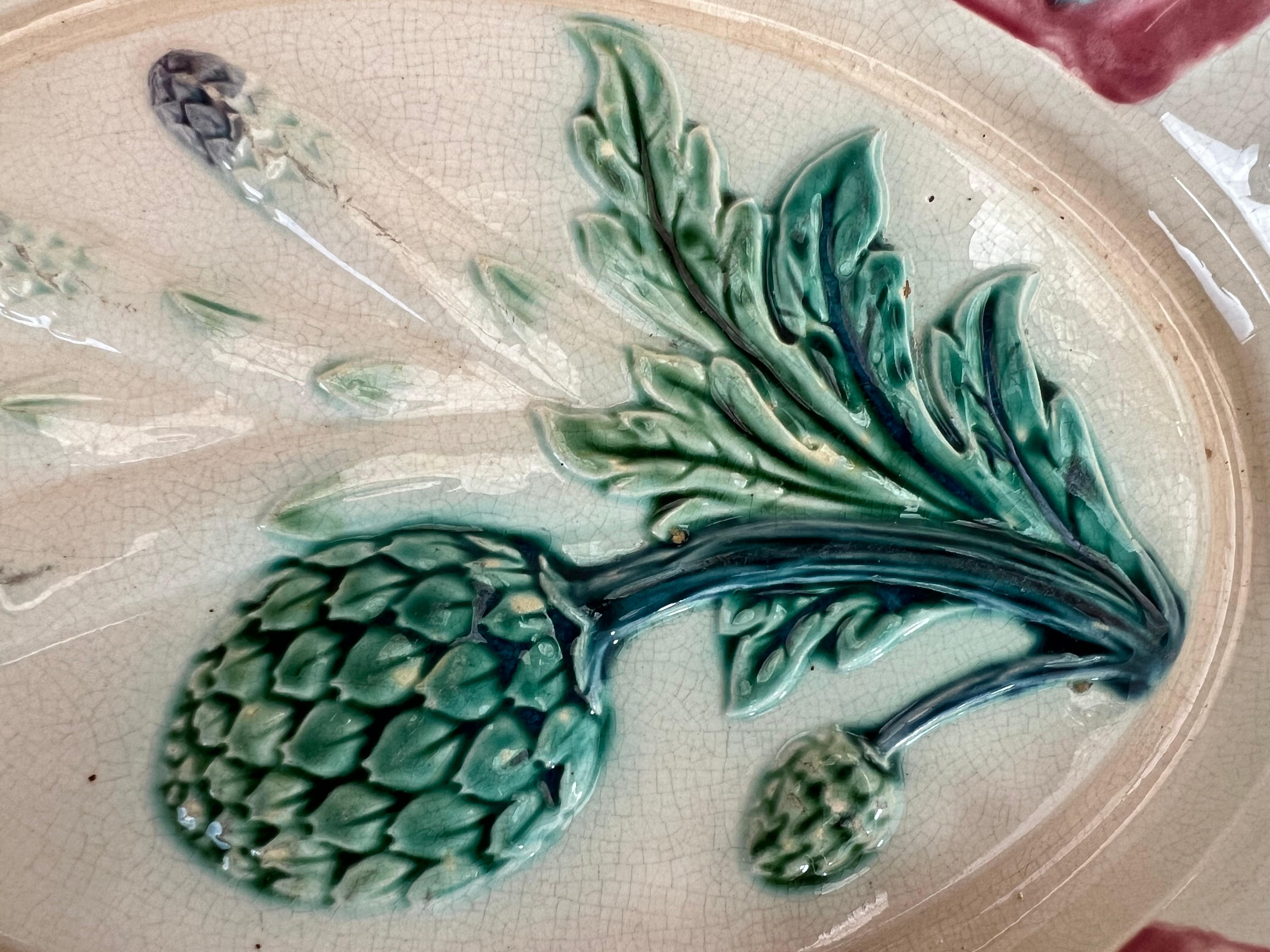 19th Century French majolica Asparagus artichoke platter and 6 plates Fives Lille 19th For Sale