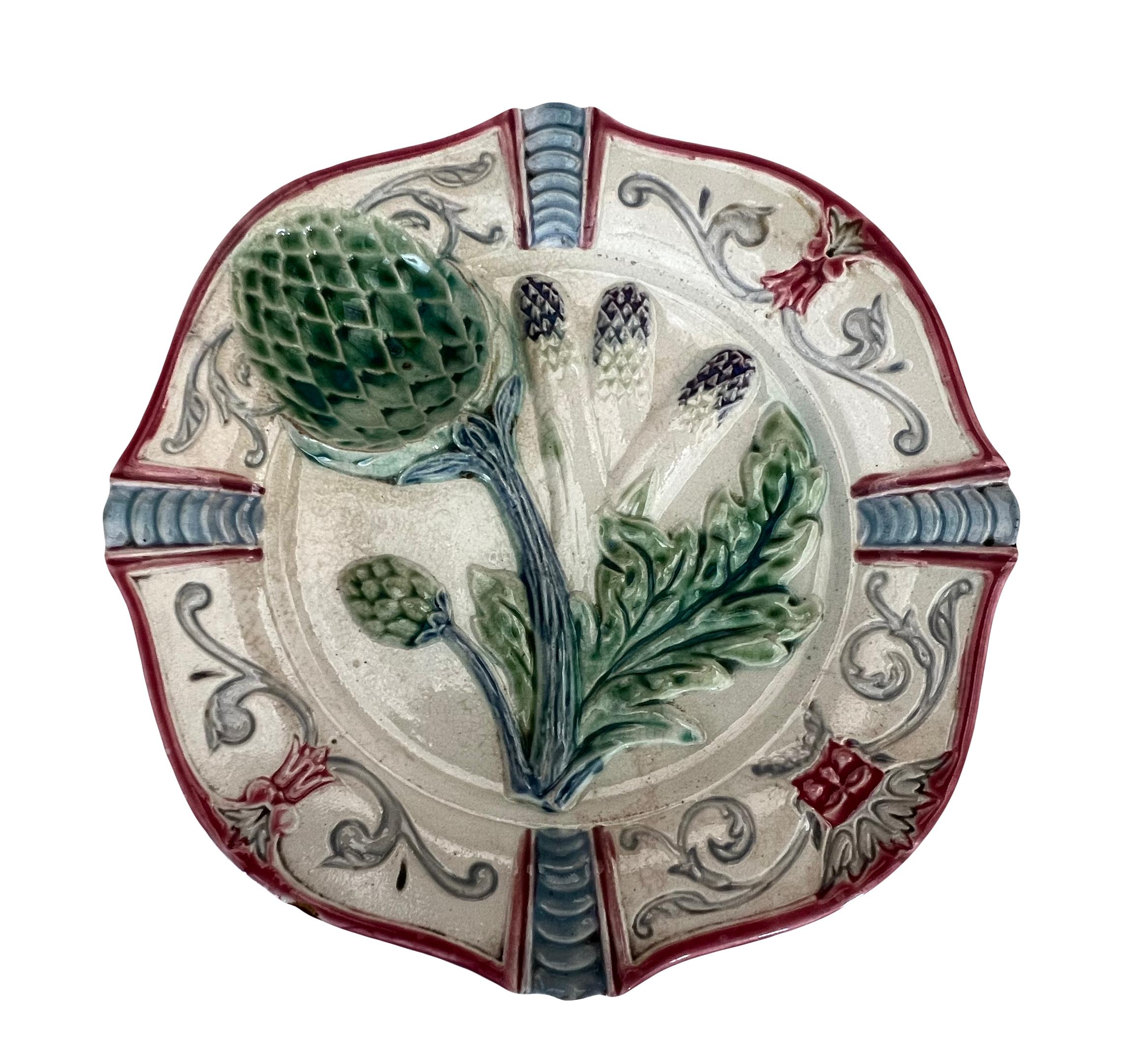 Faience French majolica Asparagus artichoke platter and 6 plates Fives Lille 19th For Sale