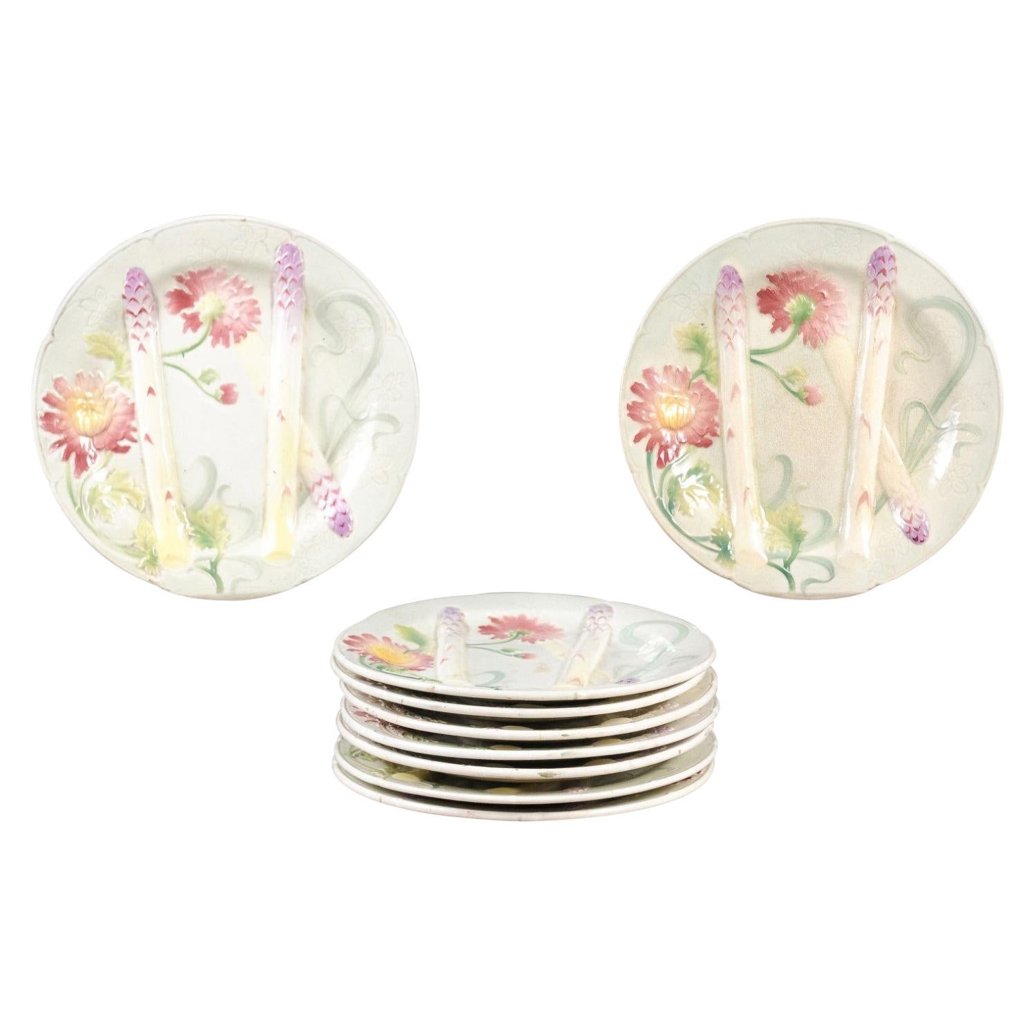French Majolica Asparagus Dinner Plates with Colorful Flowers, Nine Available