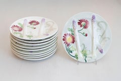 French Majolica Asparagus Dinner Plates with Colorful Flowers, Seven Available