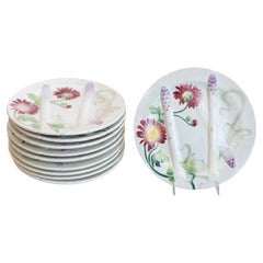 Platos llanos de esparraguera de mayólica francesa con flores de colores, siete disponibles