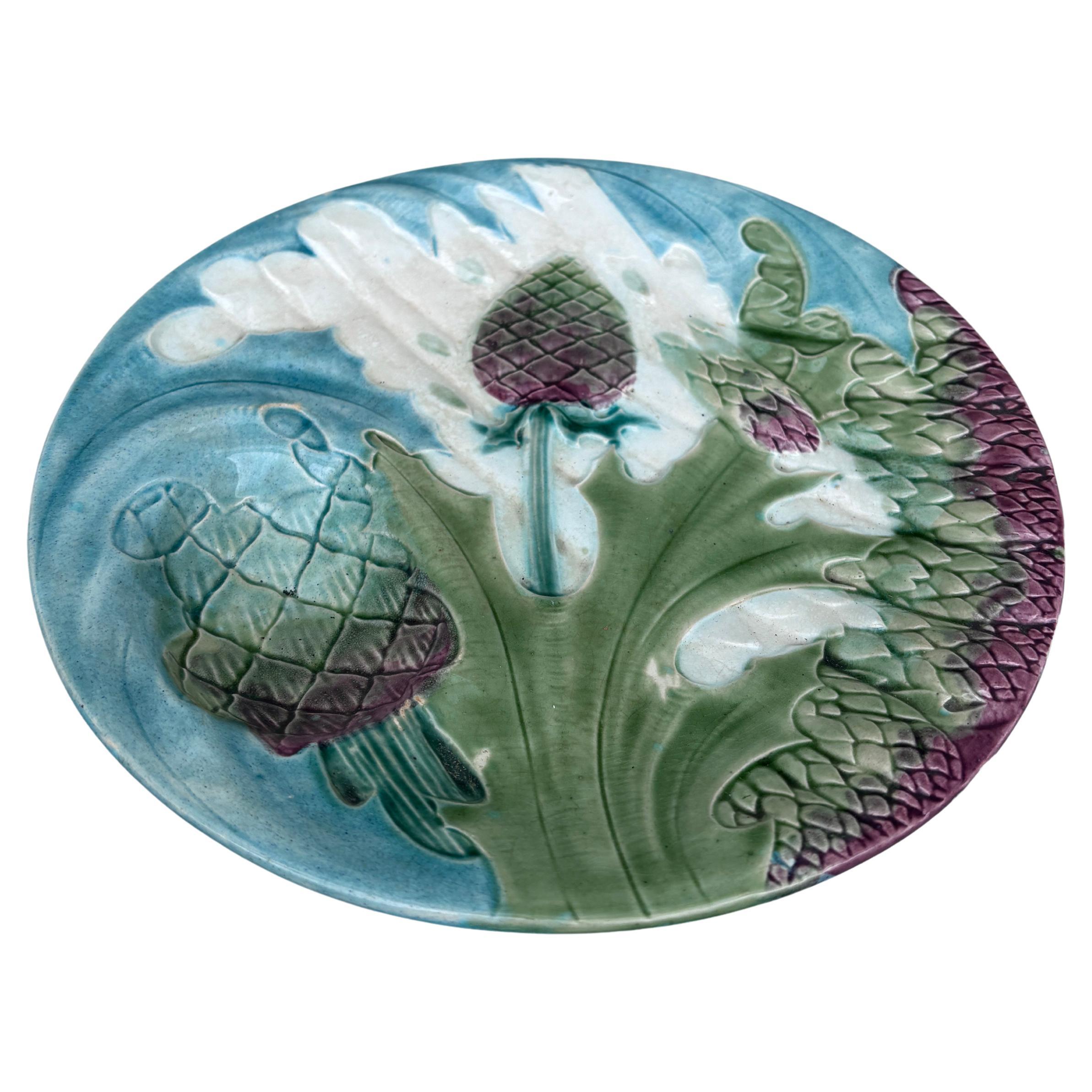Spargelteller aus Majolika, signiert Luneville Keller & Guerin, um 1890.