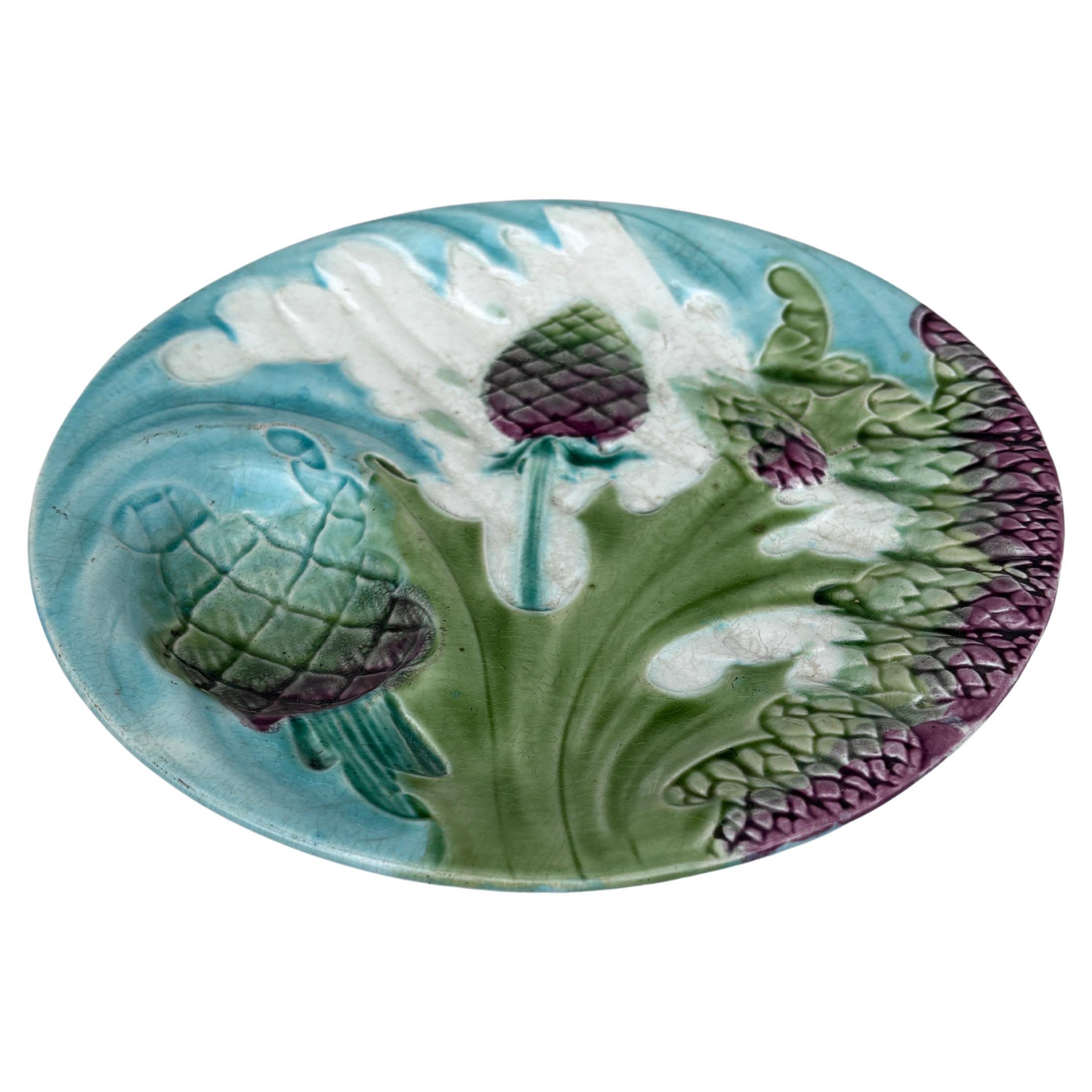 Spargelteller aus Majolika, signiert Luneville Keller & Guerin, um 1890.