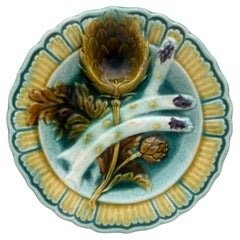Assiette à asperges en majolique française Salins, vers 1890