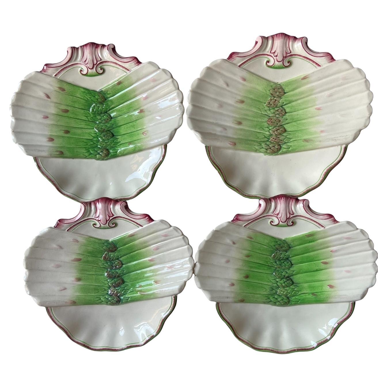 French Majolica Asparagus Plate Sarreguemines circa 1890, set of 4 im Angebot