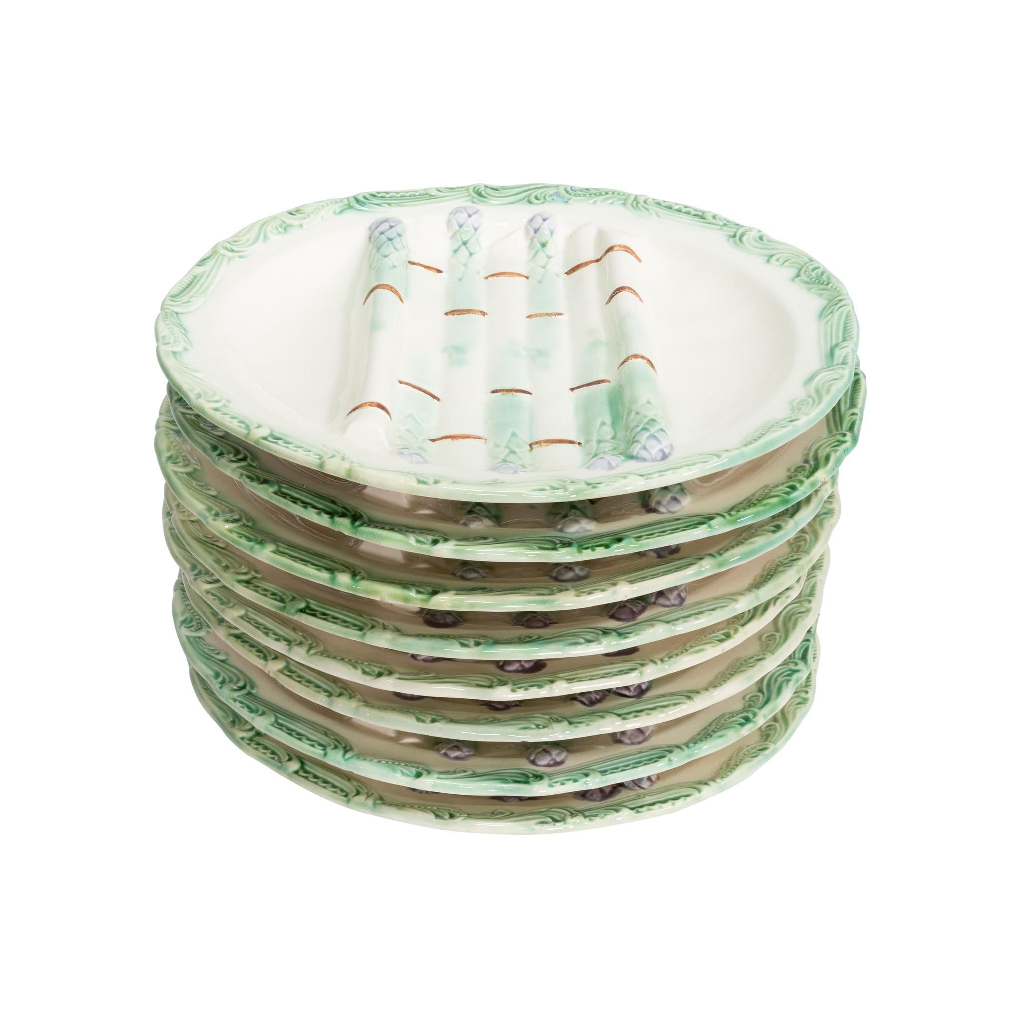 French Majolica Asparagus Plates, Set of 8 In Excellent Condition For Sale In Coeur d'Alene, ID