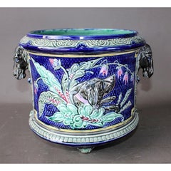 French Majolica Barbotine Cache Pot With Horse Head Handles