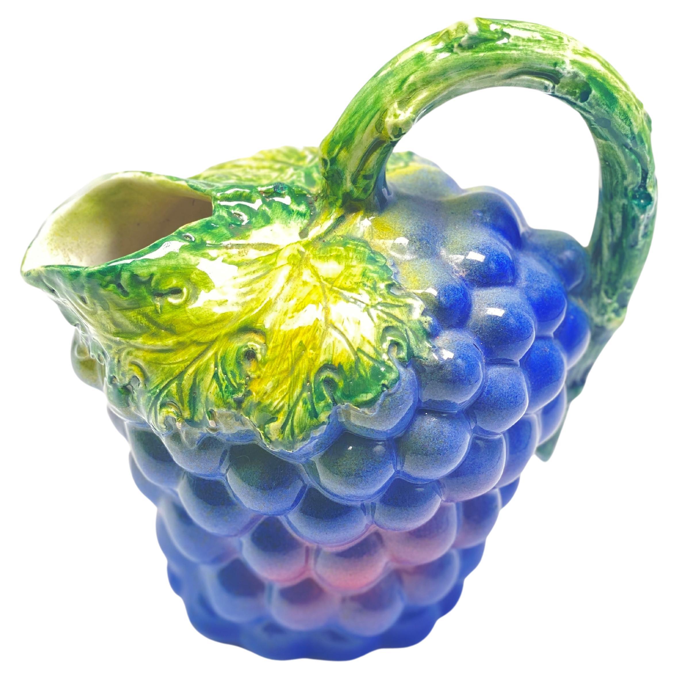 French Majolica Barbotine Grapes Pitchers, Purple and Green Color, 20 Century For Sale