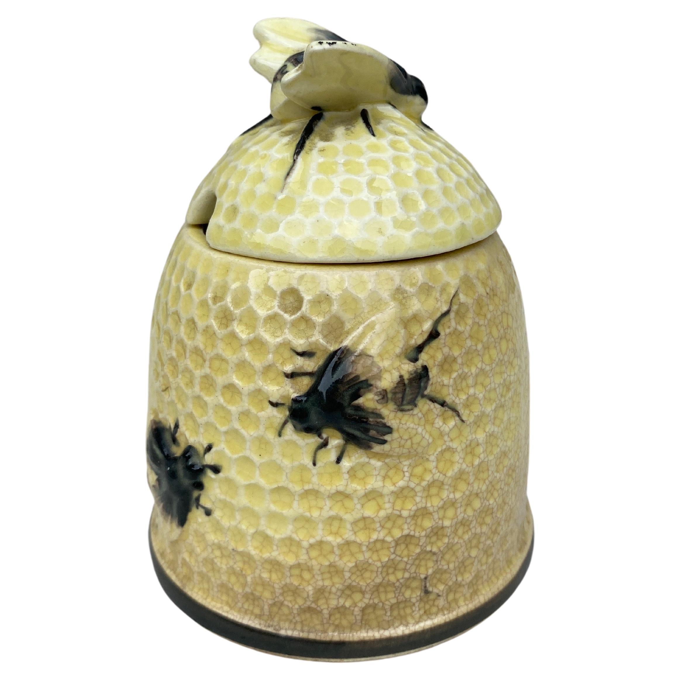 French Majolica beehive honey pot circa 1930.
